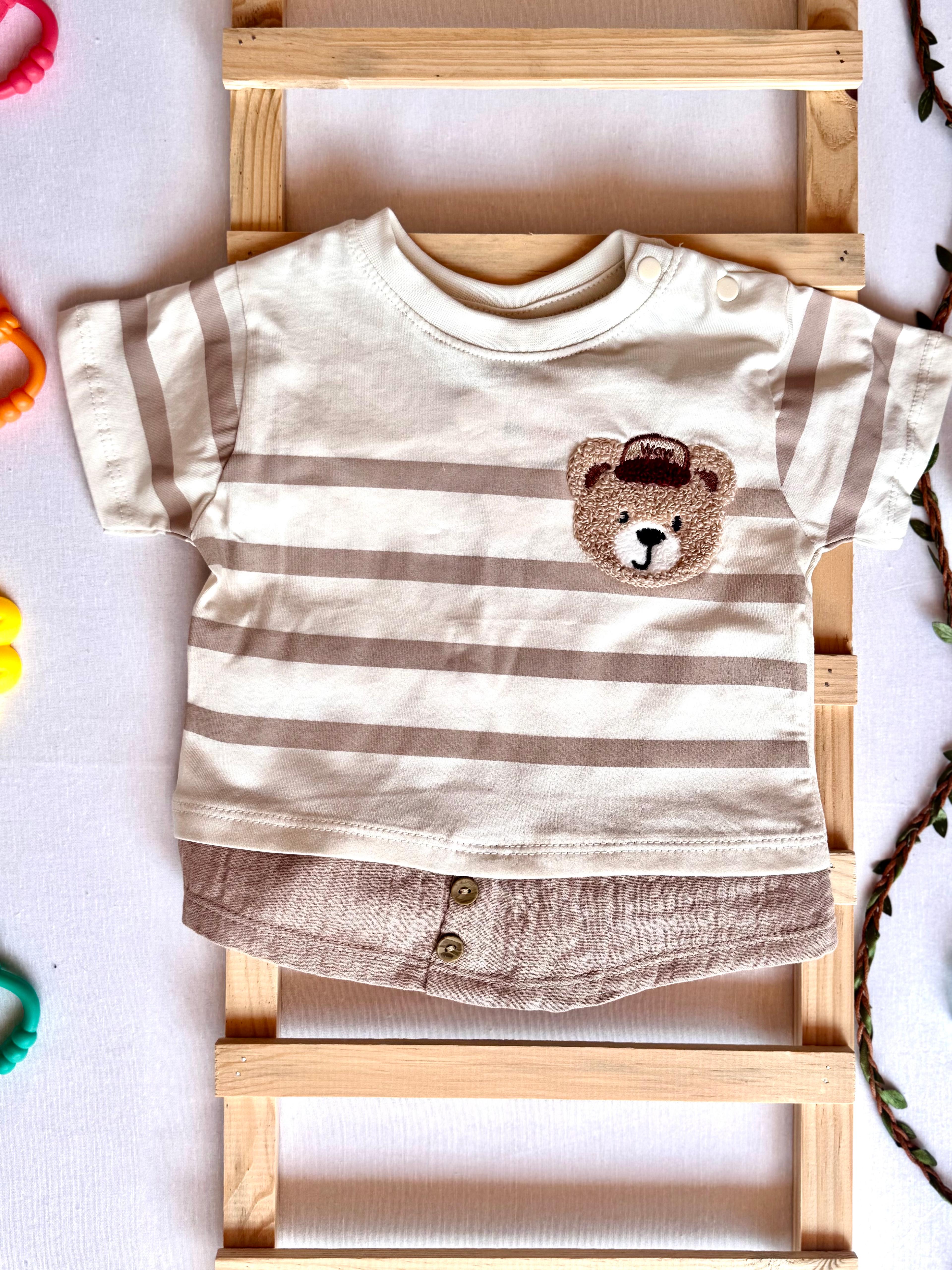 %100 Pamuk Çizgili Ayıcık Nakışlı Yazlık 2’li Erkek Bebek Takımı – Şort ve Tişört - Günlük Bebek Giyim 