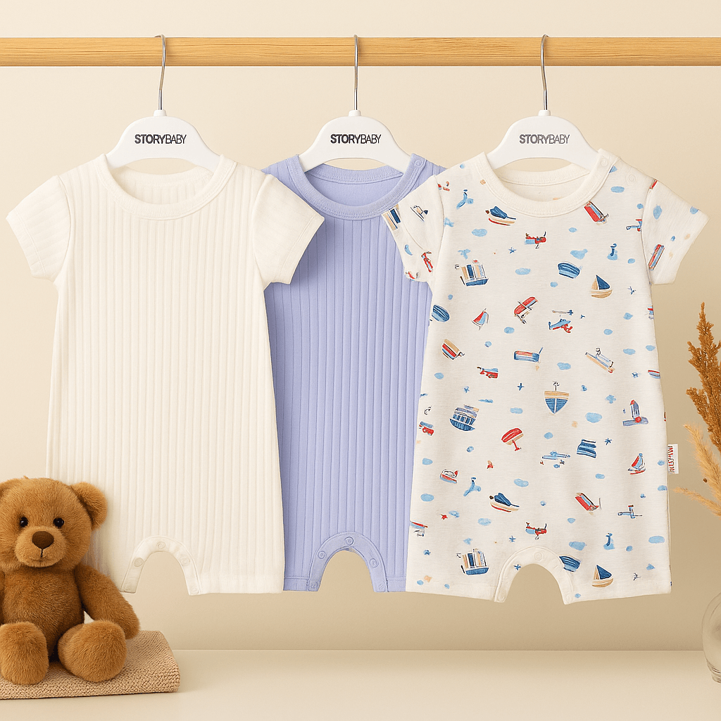 %100 Pamuk 3’lü Yazlık Unisex Bebek Tulum Seti - Mavi