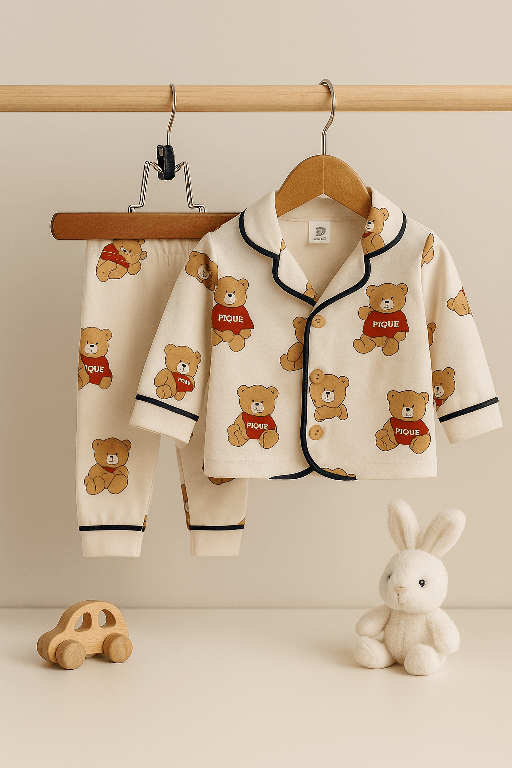 %100 Pamuk Ayı Desenli Bebek Pijama Takımı - Beyaz