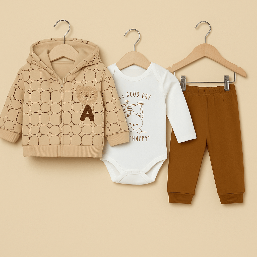 Erkek Bebek 3’lü Takım Kapüşonlü - Kahverengi