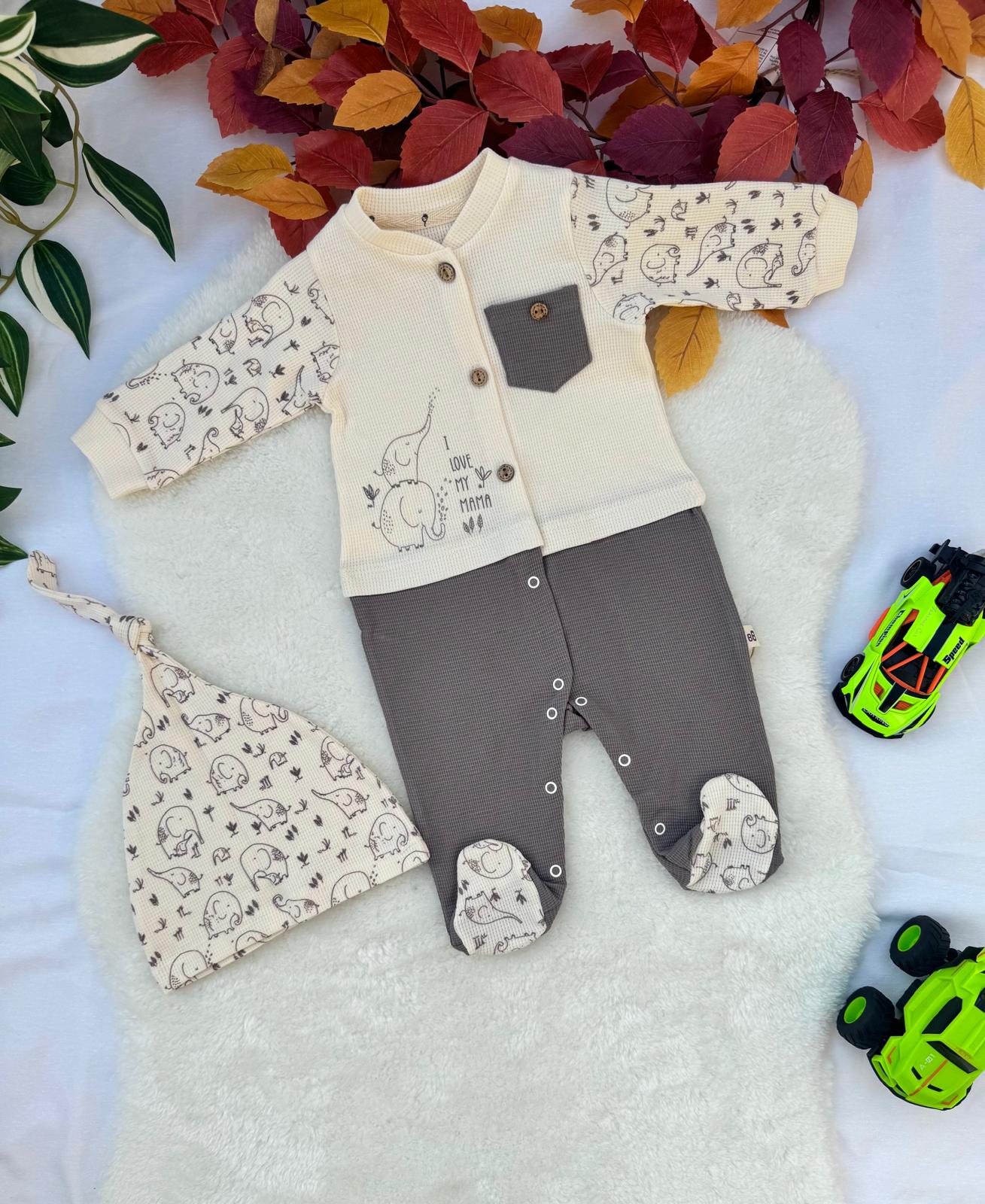 %100 Oranik Pamuk Şapkalı Bebek Tulum - Kahverengi