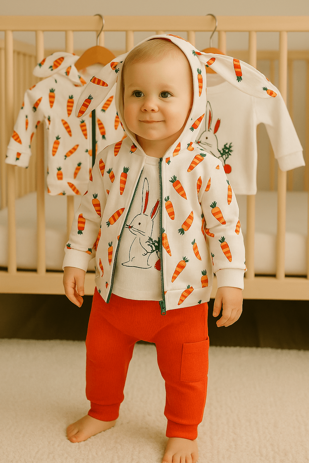 %100 Pamuk 3’lü Mevsimlik Unisex Günlük Bebek Takımı – Havuç Desenli Kapüşonlu Sweatshirt, Tavşan Baskılı Tişört, Cepli Pantolon - Turuncu