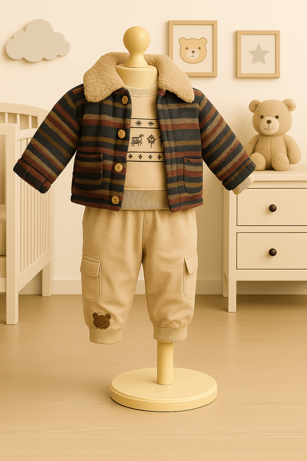 %100 Pamuk 3’lü Polarlı Erkek Bebek Takımı - Kahverengi