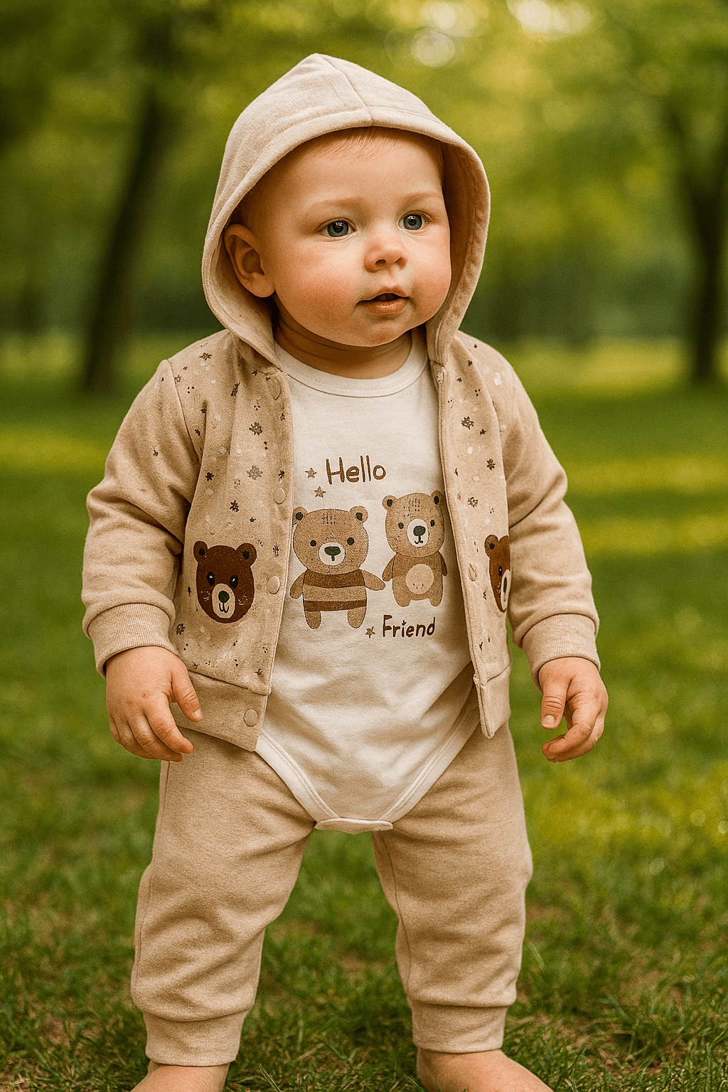 %100 Pamuk 3’lü Mevsimlik Unisex Hayvan Temalı Bebek Pijama Takımı – Kapüşonlu Üst, Uzun Kollu Body, Pijama Altı
