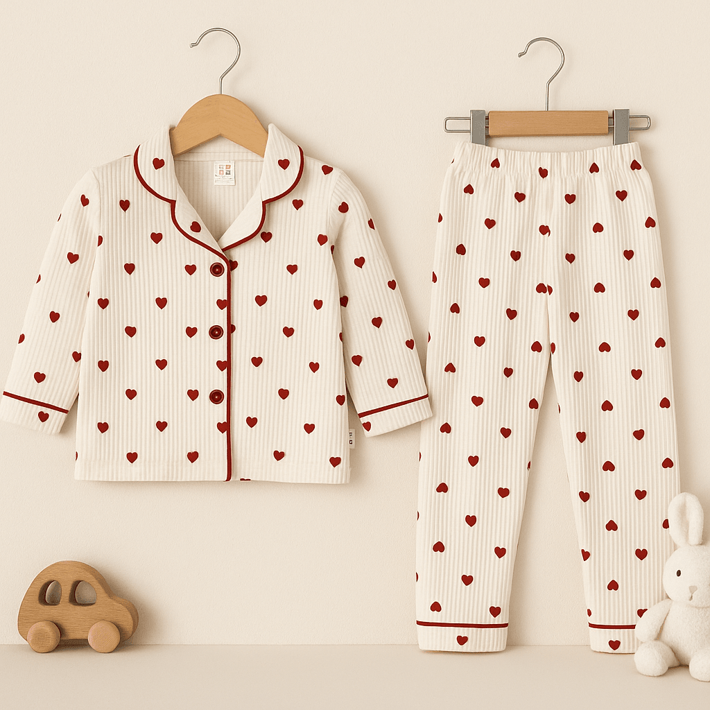 %100 Pamuk Kalp Desenli Bebek Pijama Takımı - Beyaz