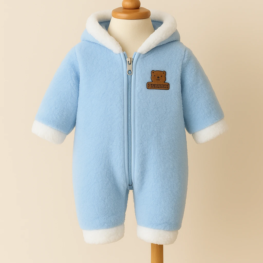 Peluş Kapüşonlu Polar Bebek Tulum - Mavi