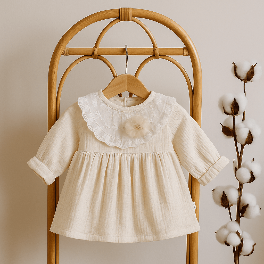 %100 Müslin Pamuk Bebek Elbisesi - Krem