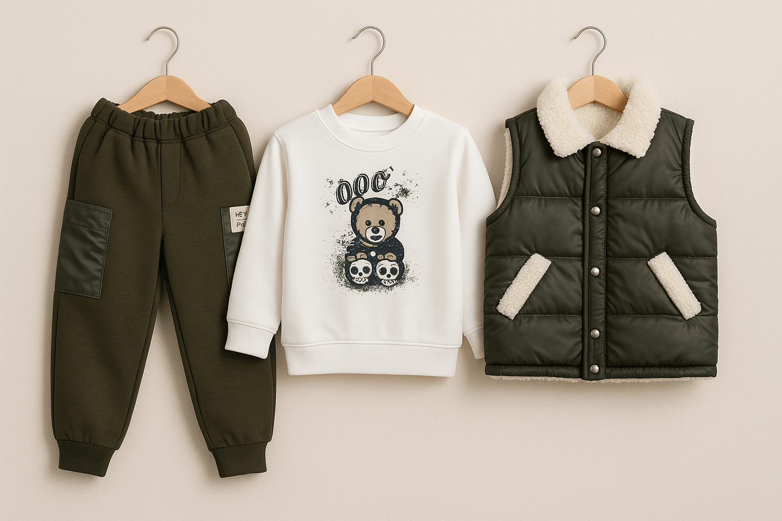 3’lü Erkek Bebek Takımı – Peluş Yelekli - Haki