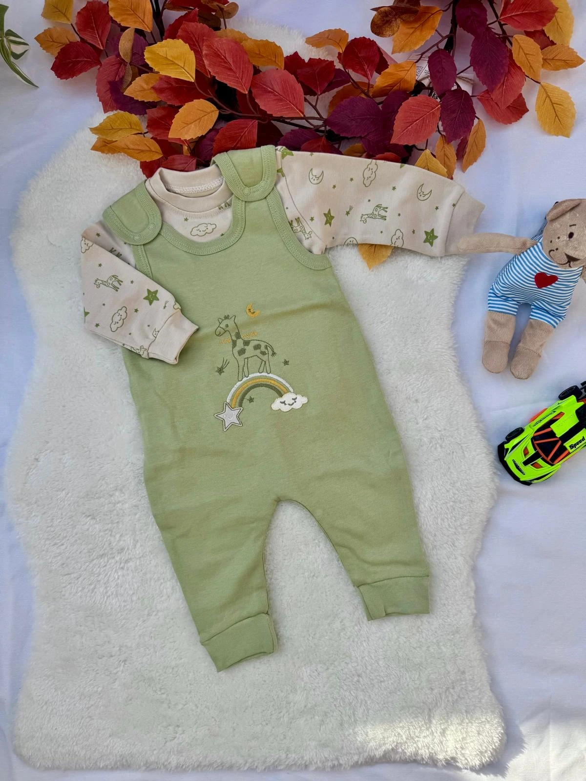 %100 Pamuk Badili Bebek Tulum Takımı - Yeşil