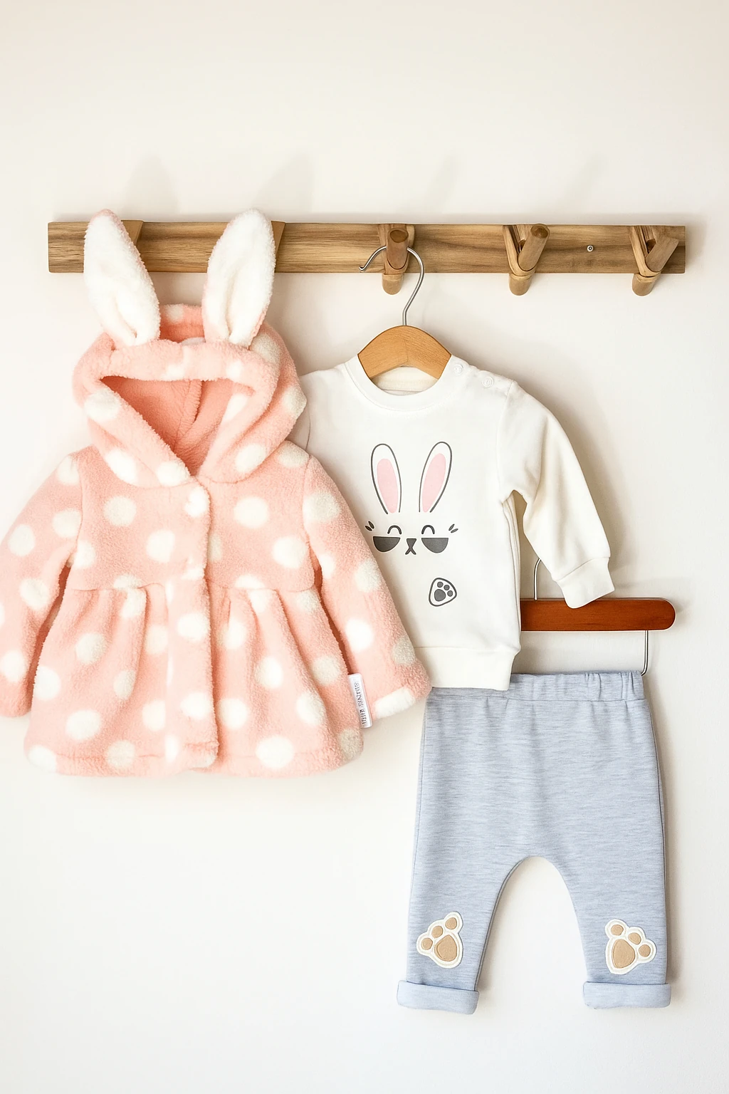 Tavşan Kulaklı Peluş Kapüşonlu Kışlık Bebek Takım - Pembe