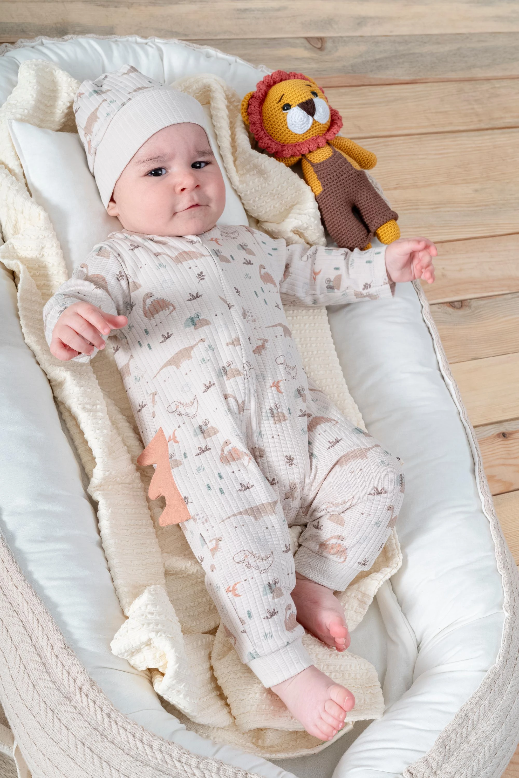 %100 Oranik Pamuk Şapkalı Bebek Tulum - Ekru