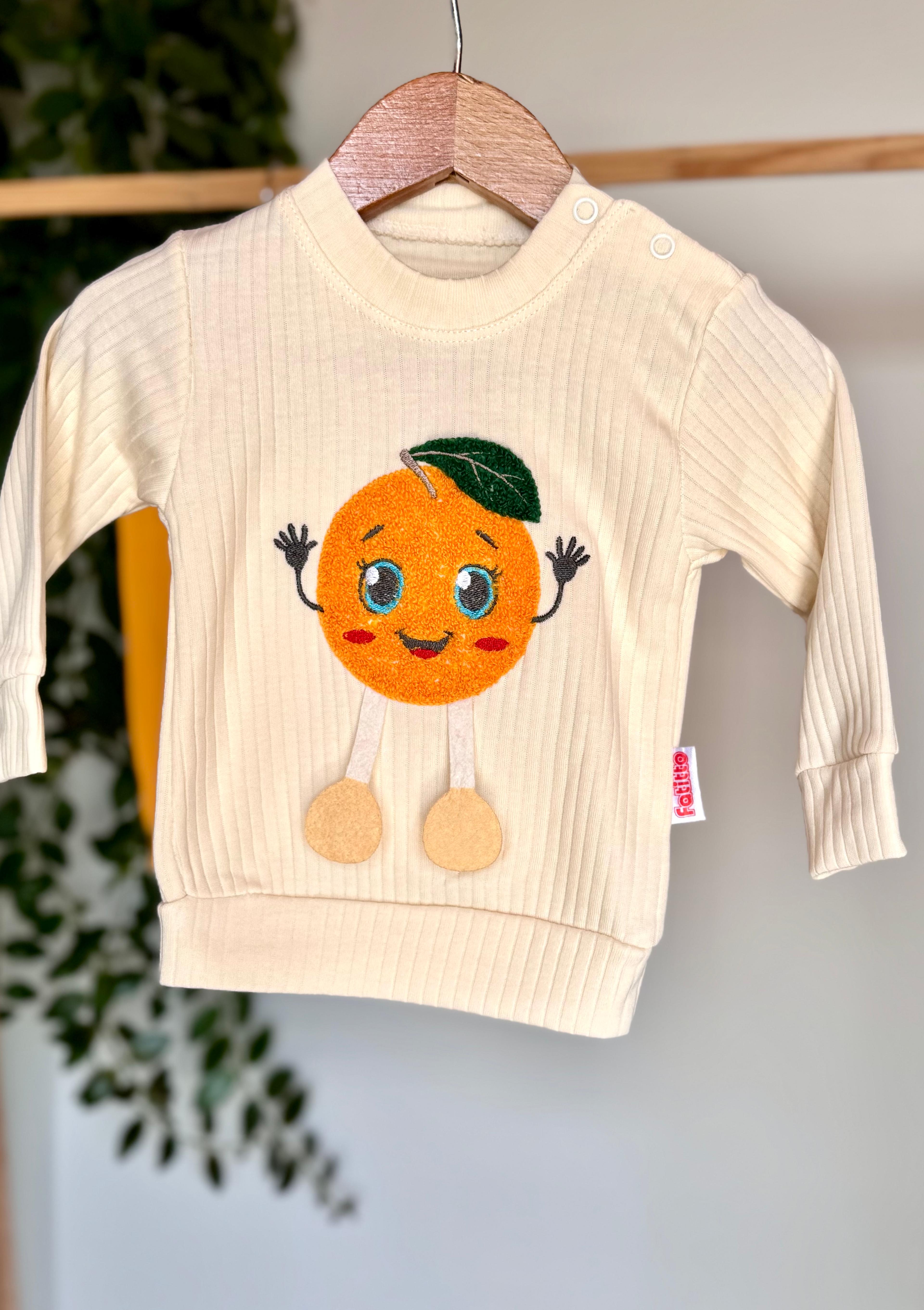 %100 Pamuk Kabartmalı Meyve Desenli 2’li Unisex Günlük Bebek Takımı – Pijama Takımı -Sweatshirt Ve Ribana Alt, Elma / Portakal