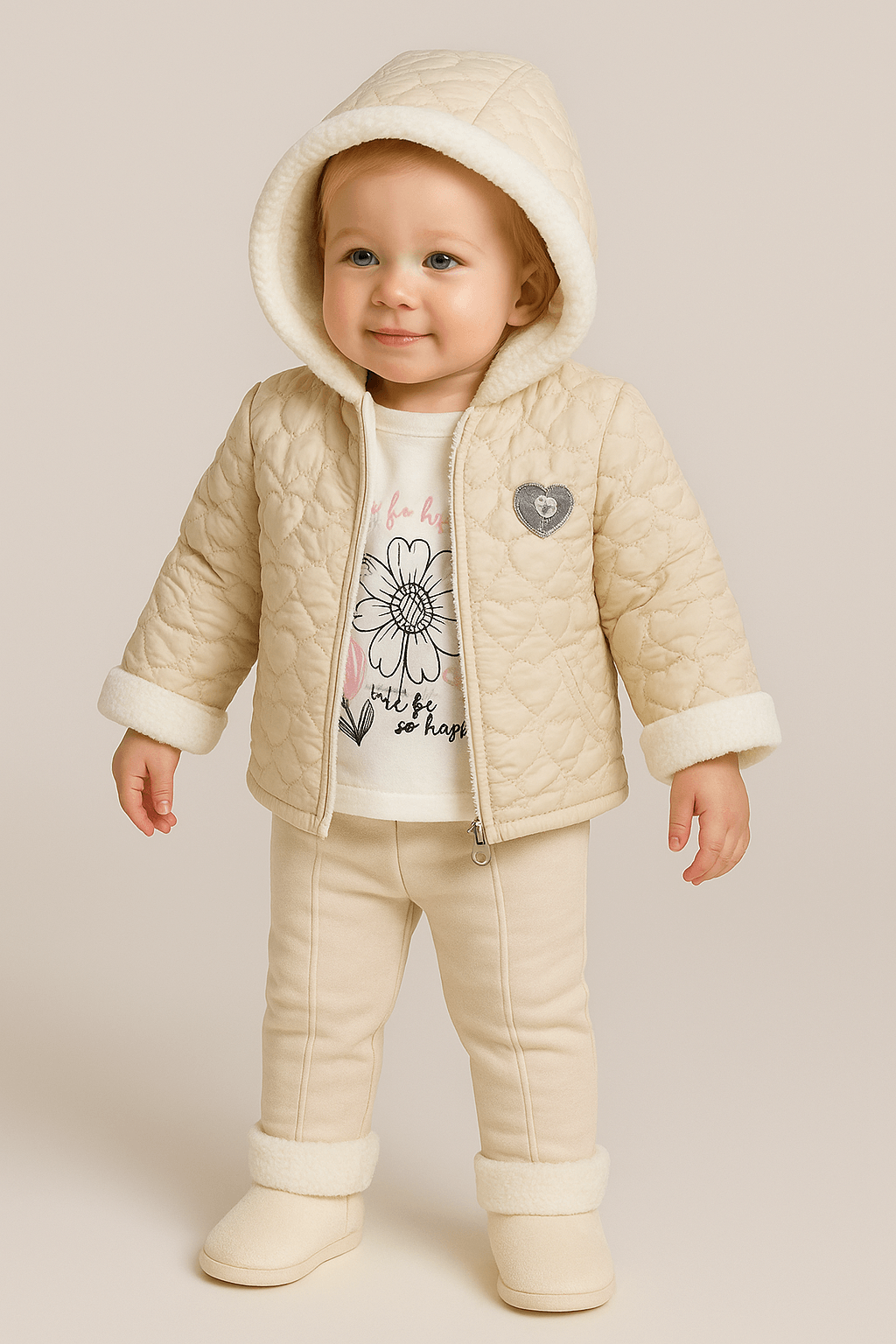 3’lü Polarlı Kız Bebek Takım - Krem