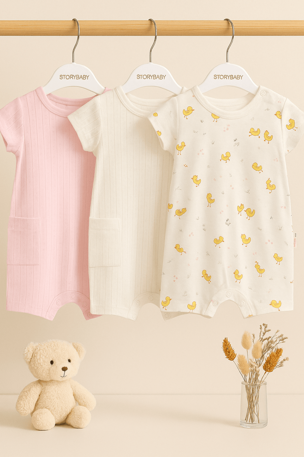 %100 Pamuk 3’lü Yazlık Unisex Bebek Tulum Seti - Pembe