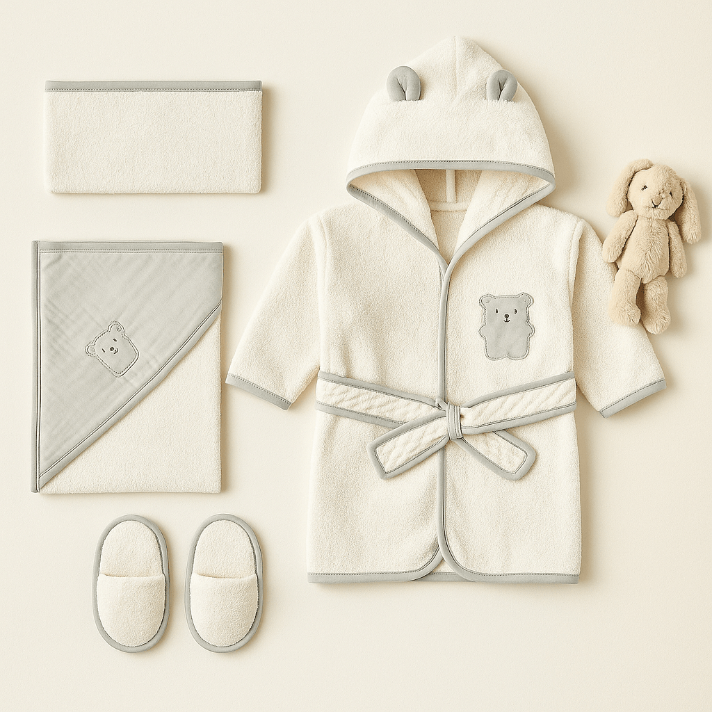 %100 Pamuk 4’lü Kapüşonlu Bebek Banyo Seti  - Ekru
