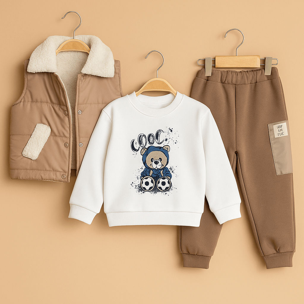 3’lü Erkek Bebek Takımı – Peluş Yelekli - Kahverengi