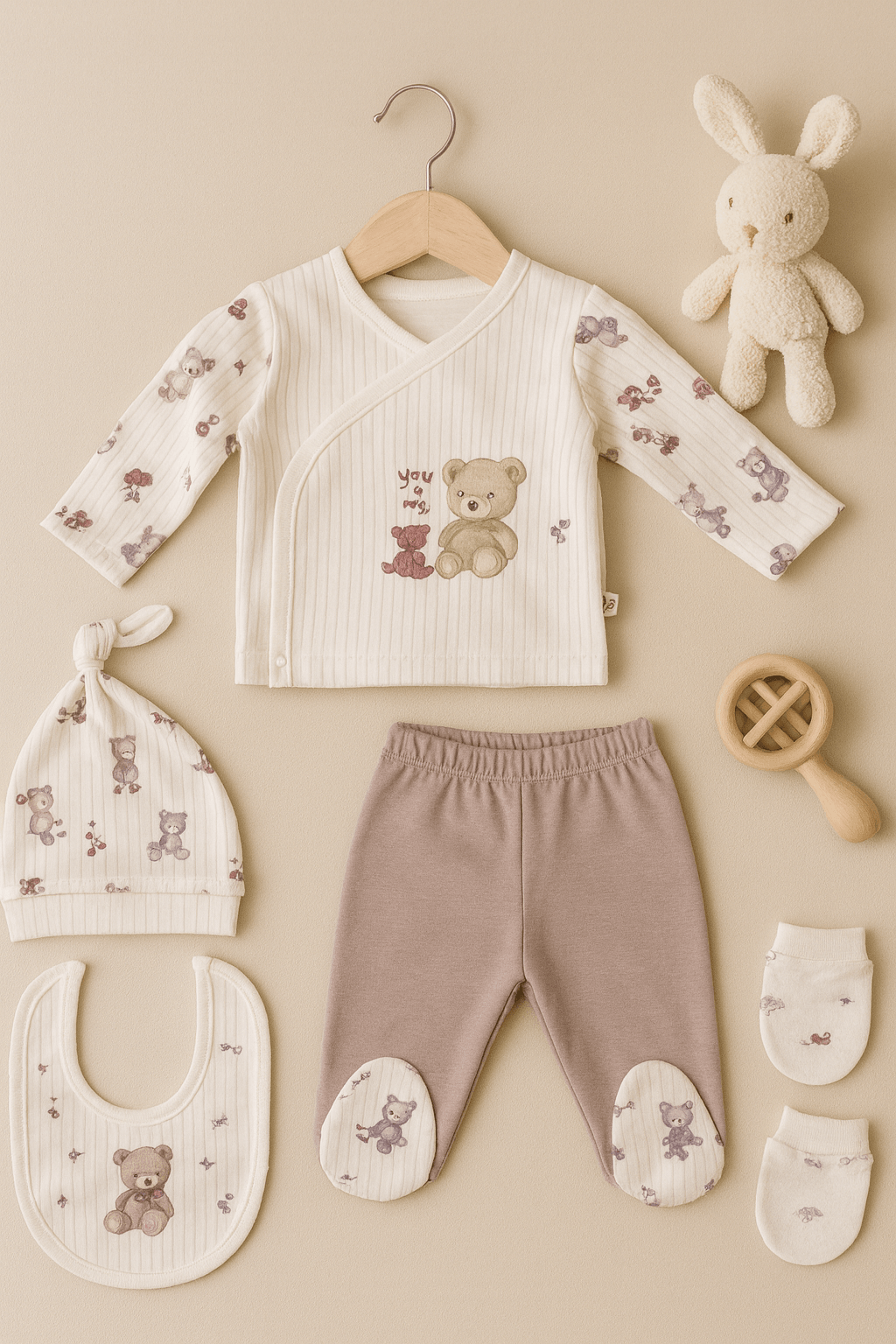 %100 Organik Pamuk 5’li Bebek Hastane Çıkışı Takımı - Ayıcık