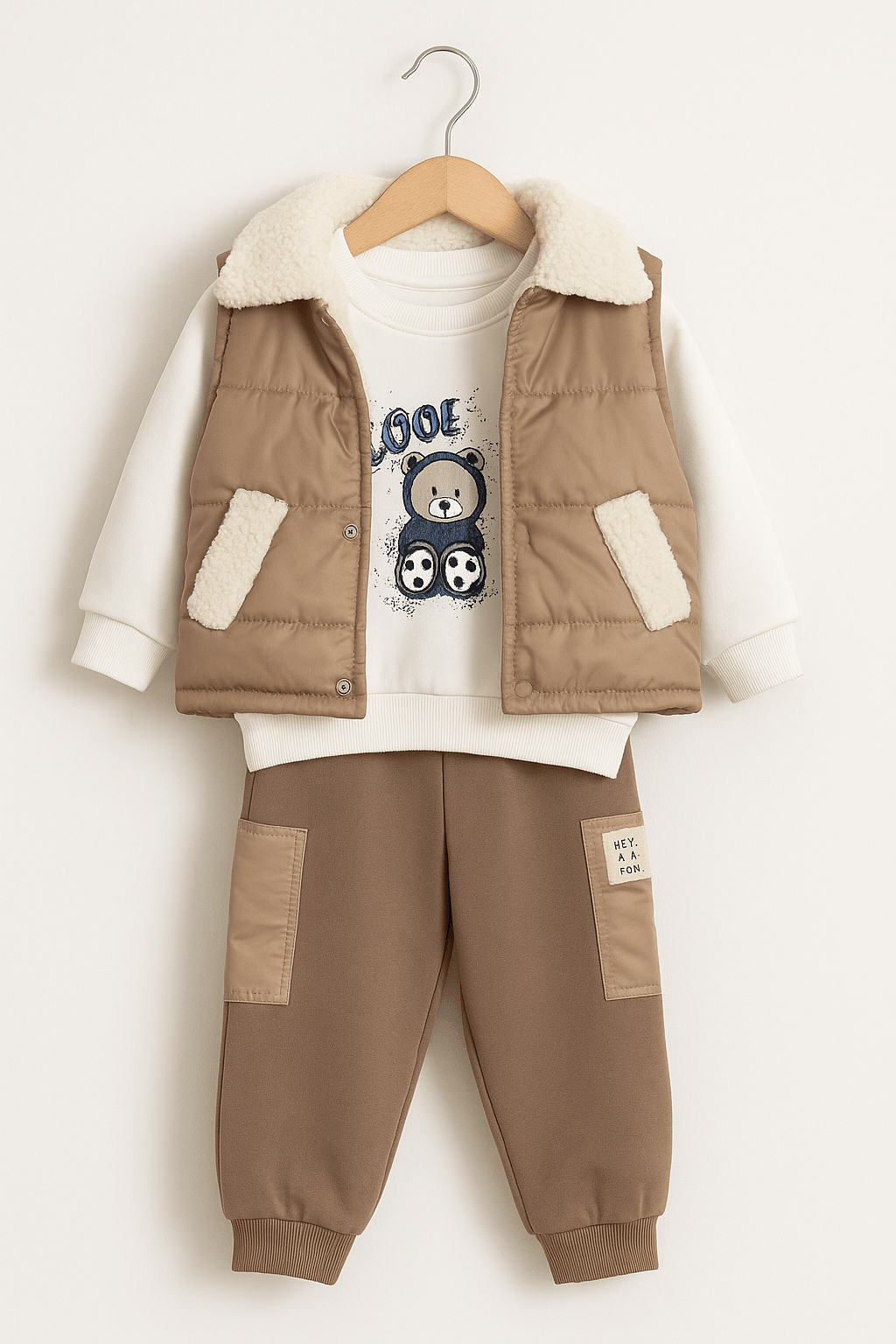 3’lü Erkek Bebek Takımı – Peluş Yelekli