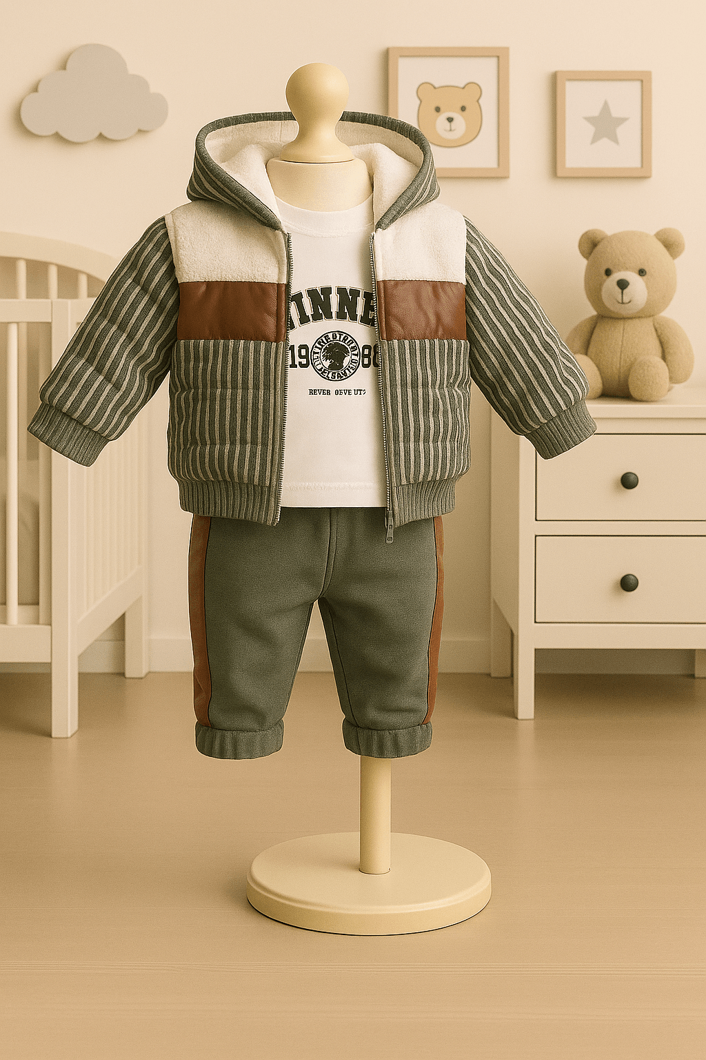 3’lü Polarlı Erkek Bebek Takımı - Haki