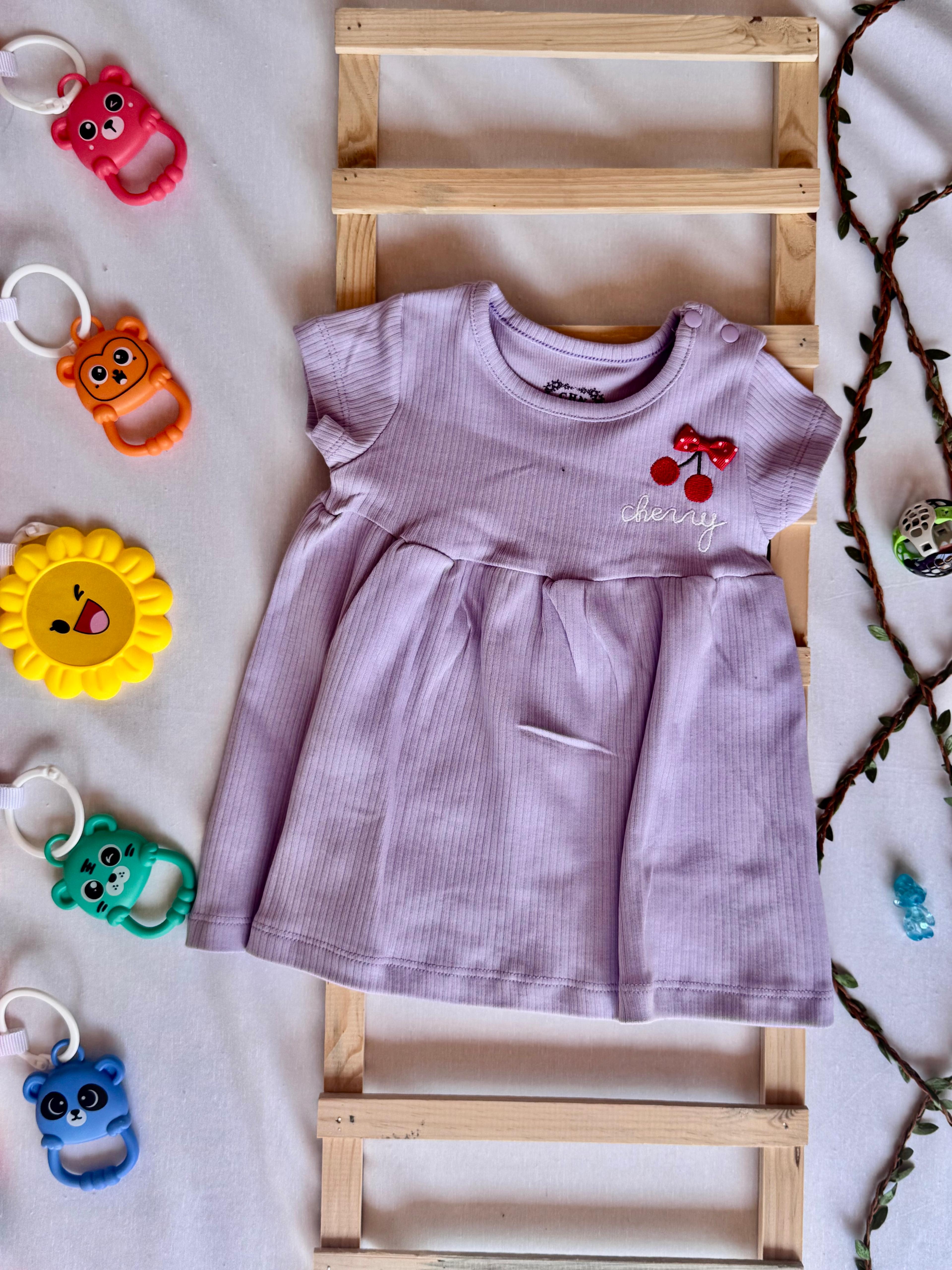 %100 Pamuk Ribana Cherry Nakışlı Yazlık Kız Bebek Elbisesi – Kısa Kollu