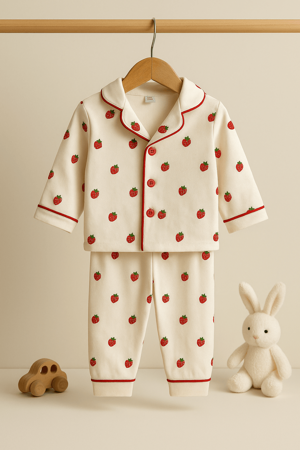 %100 Pamuk Çilek Desenli Bebek Pijama Takımı - Beyaz