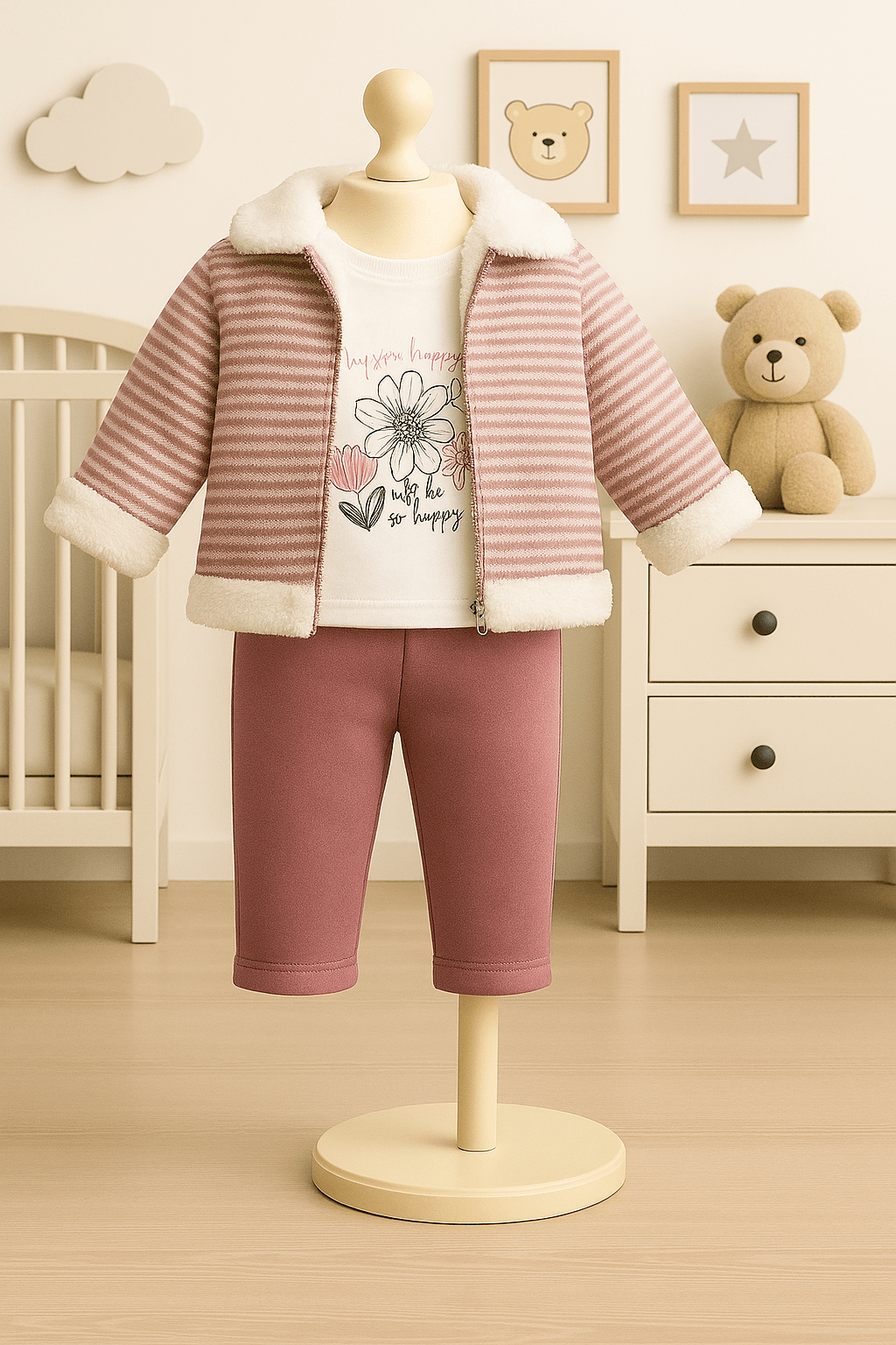 %100 Pamuk 3’lü Kışlık Kız Bebek Takımı - Mor