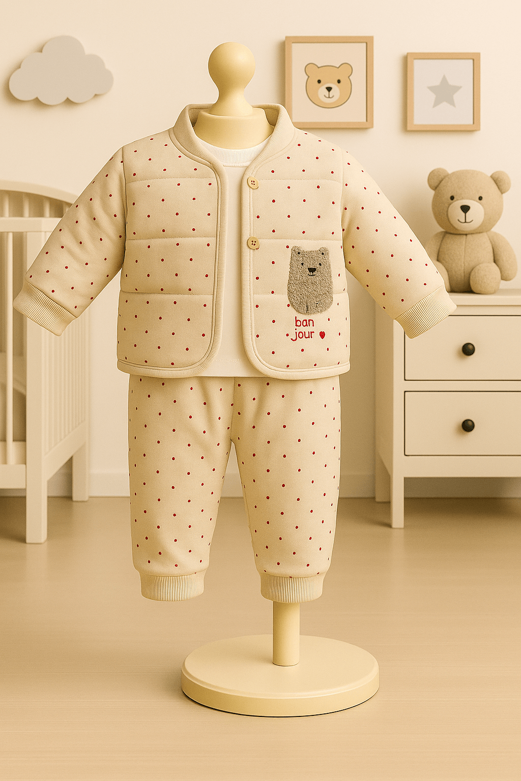 %100 Pamuk 3’lü Kışlık Kız Bebek Takımı - Krem