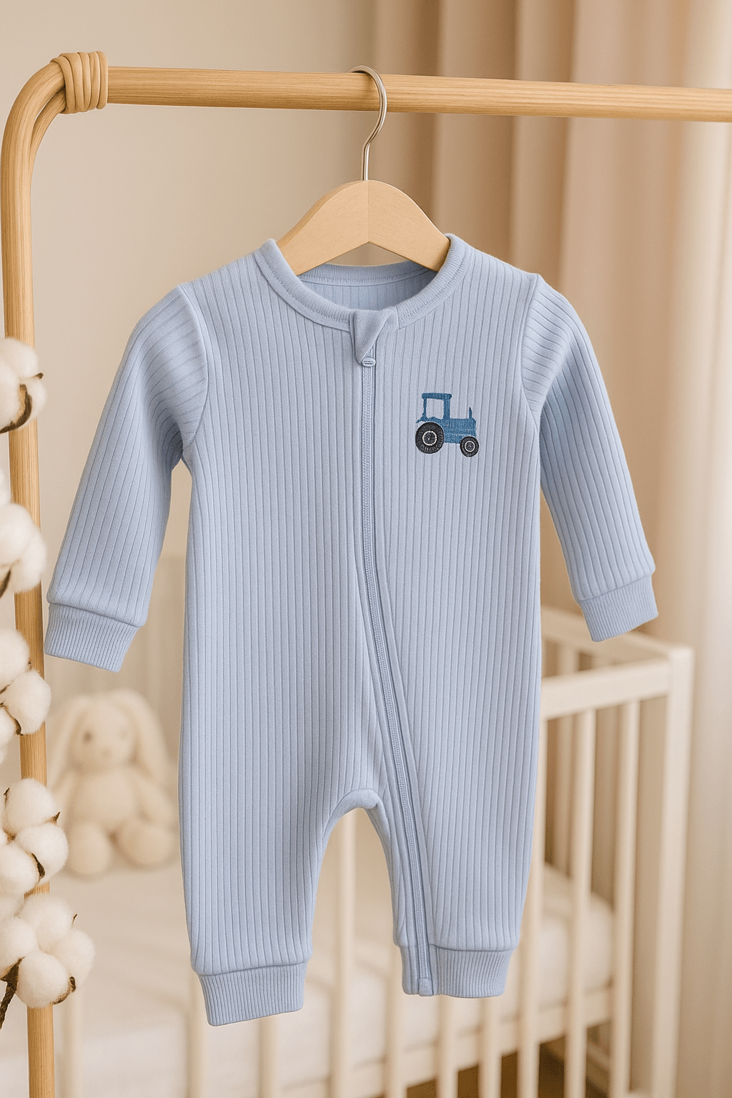 %100 Pamuk Fermuarlı Tulum - Açık Mavi