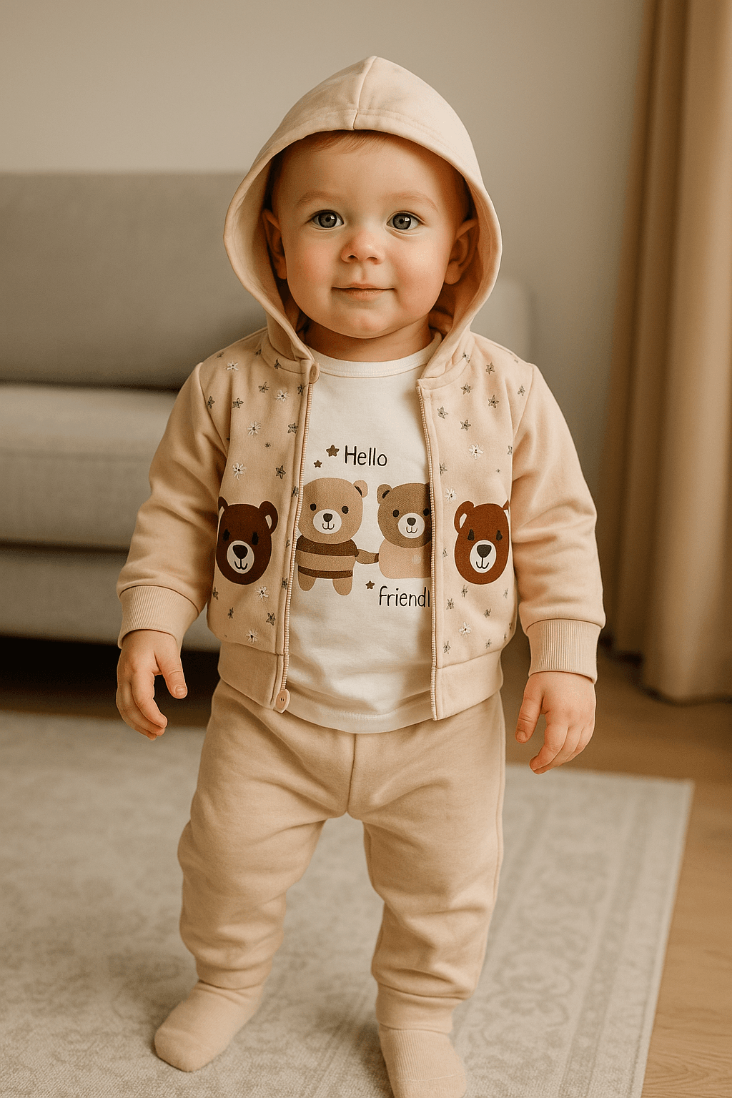 %100 Pamuk 3’lü Mevsimlik Unisex Hayvan Temalı Bebek Pijama Takımı – Kapüşonlu Üst, Uzun Kollu Body, Pijama Altı