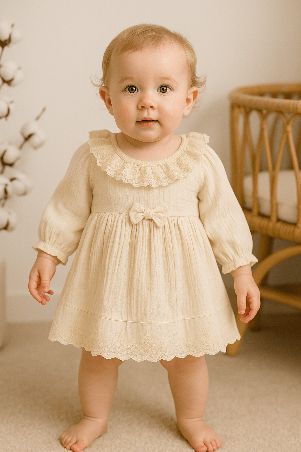 %100 Müslin Pamuk Kız Bebek Elbisesi - Krem