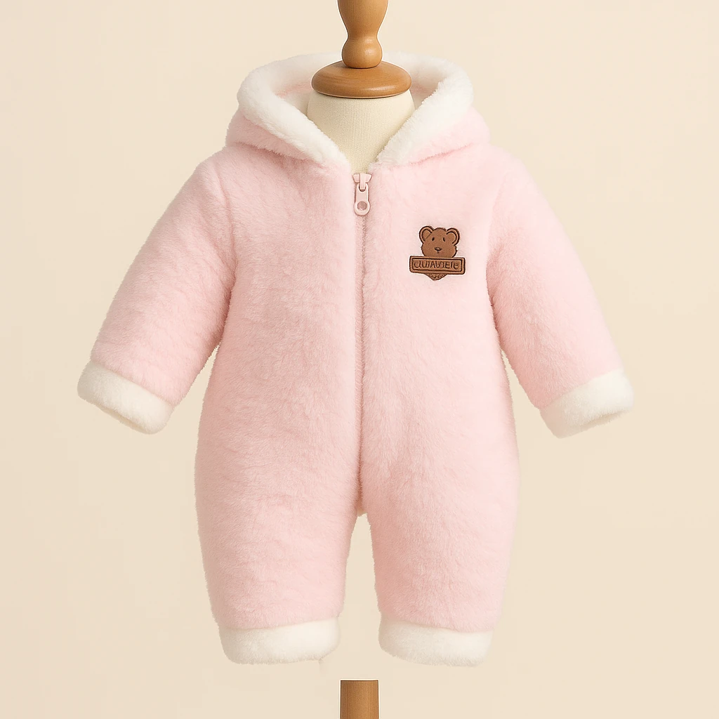Peluş Kapüşonlu Polar Bebek Tulum - Pembe