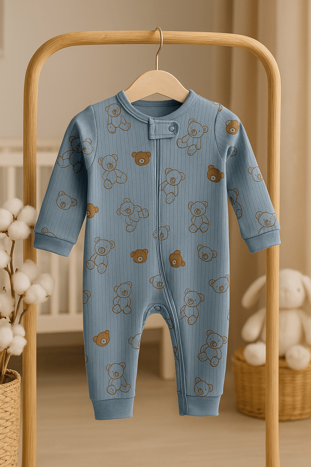 %100 Pamuk Fermuarlı Tulum - Mavi