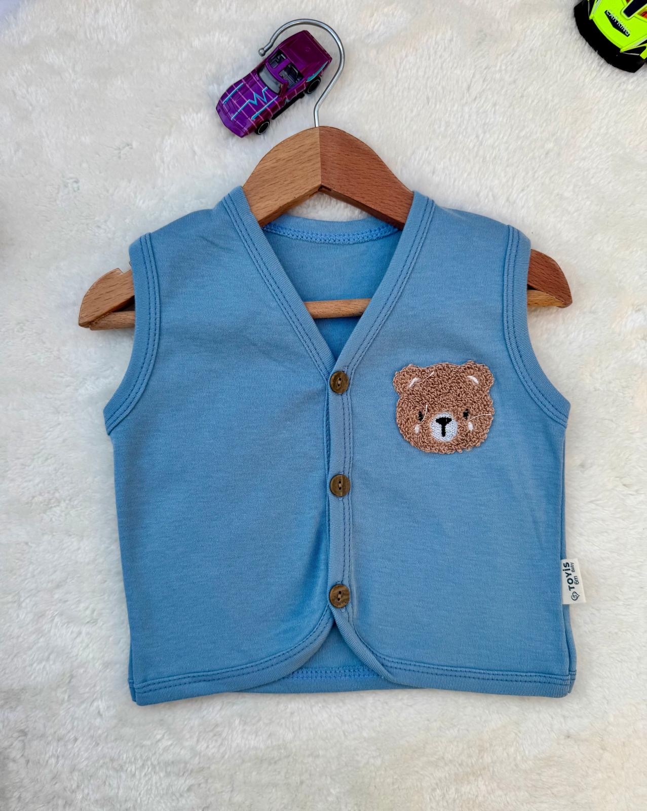 Bebek %100 Pamuk Nakışlı Yelek - Mavi