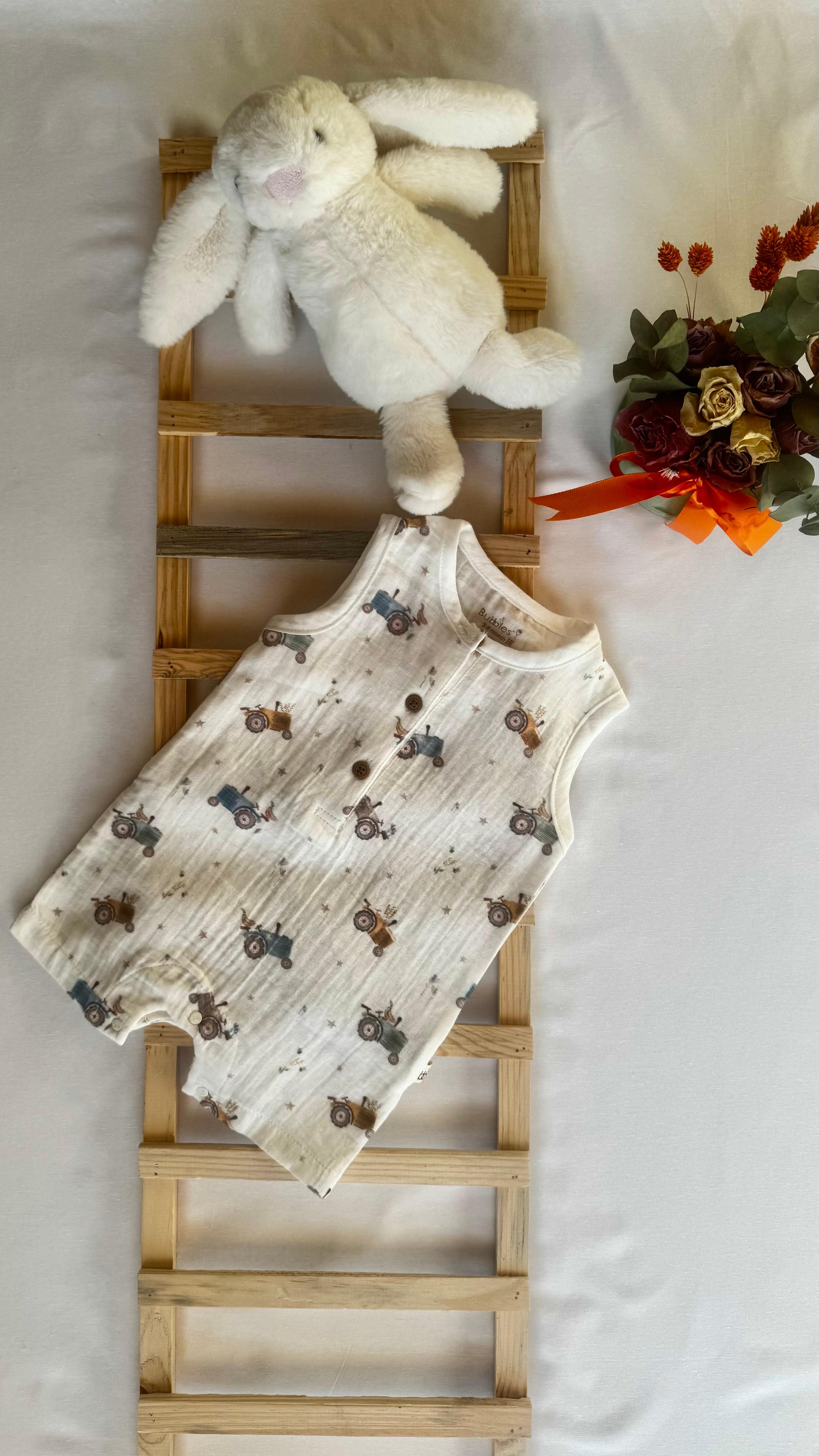 %100 Pamuk Müslin Yazlık Unisex Bebek Tulum – Ayıcık Desenli Düğmeli Model