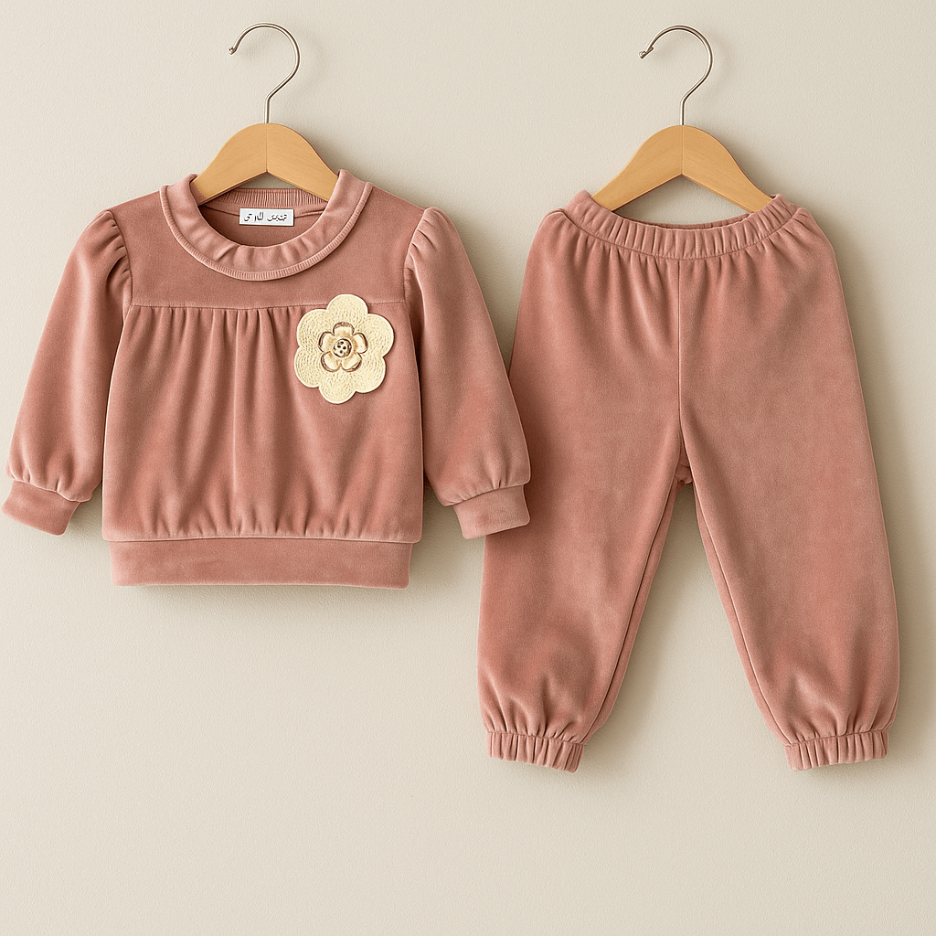 %100 Pamuk Kadife 2’li Kız Bebek Takımı - Pembe