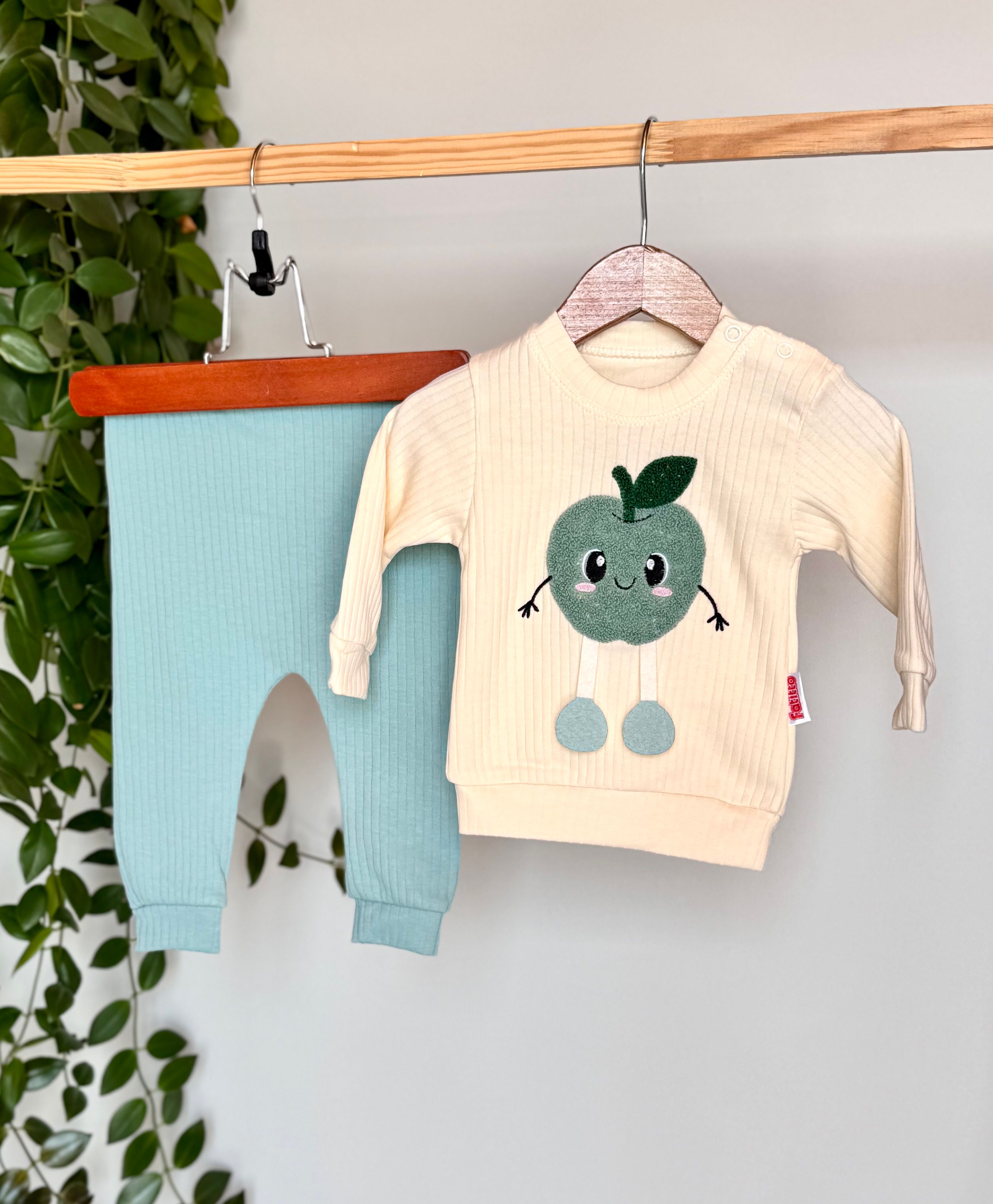 %100 Pamuk Kabartmalı Meyve Desenli 2’li Unisex Günlük Bebek Takımı – Pijama Takımı -Sweatshirt Ve Ribana Alt, Elma / Portakal - Turkuaz