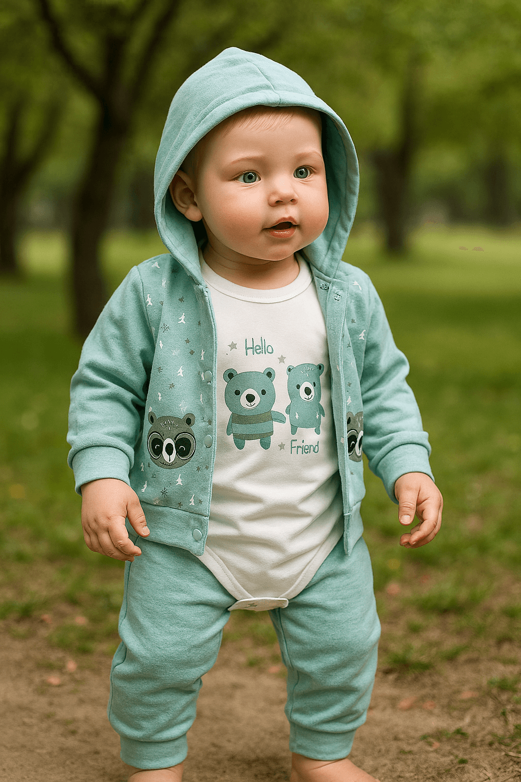 %100 Pamuk 3’lü Mevsimlik Unisex Hayvan Temalı Bebek Pijama Takımı – Kapüşonlu Üst, Uzun Kollu Body, Pijama Altı - Turkuaz