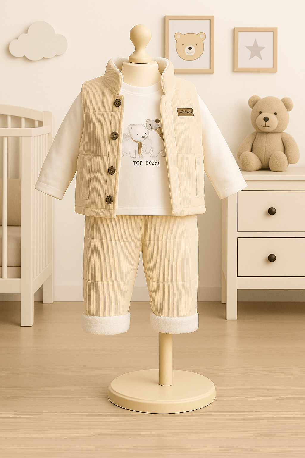 %100 Pamuk 3’lü Kışlık Bebek Yelek Takımı - Krem