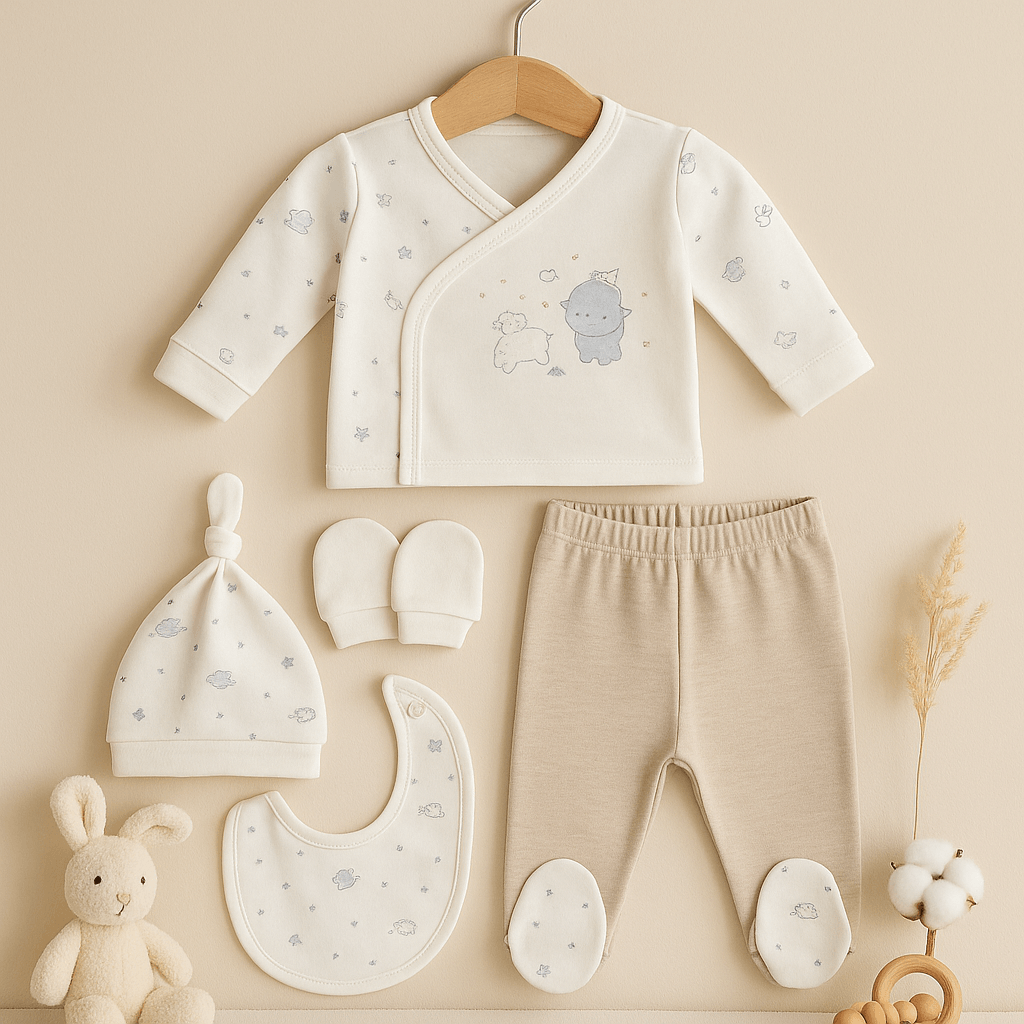%100 Organik Pamuk 5’li Bebek Hastane Çıkışı Takımı - Kuzu