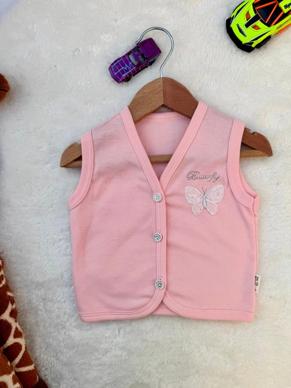 Bebek %100 Pamuk Nakışlı Yelek - Pembe