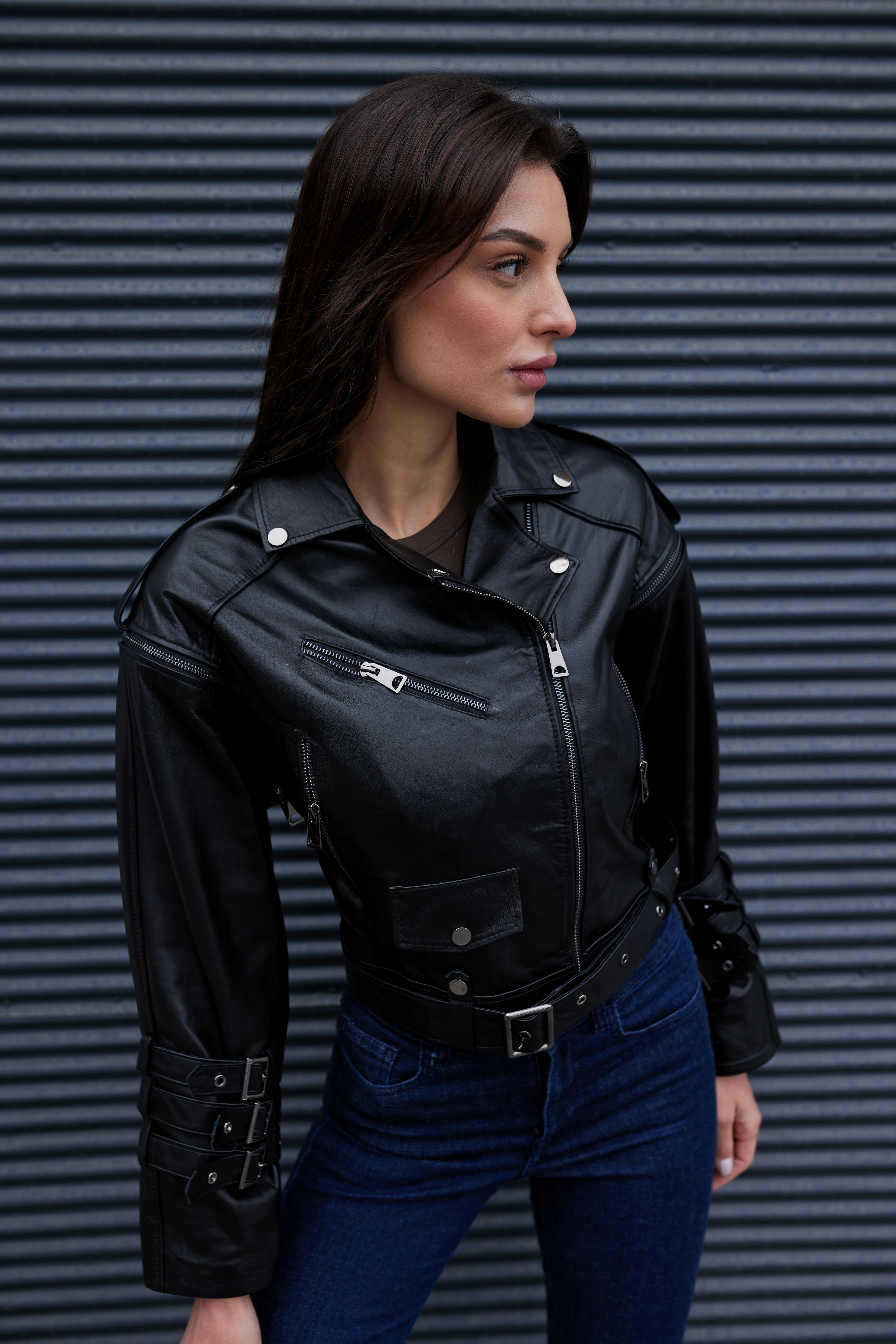 Siyah Deri Biker Deri Ceket - Hakiki Deri