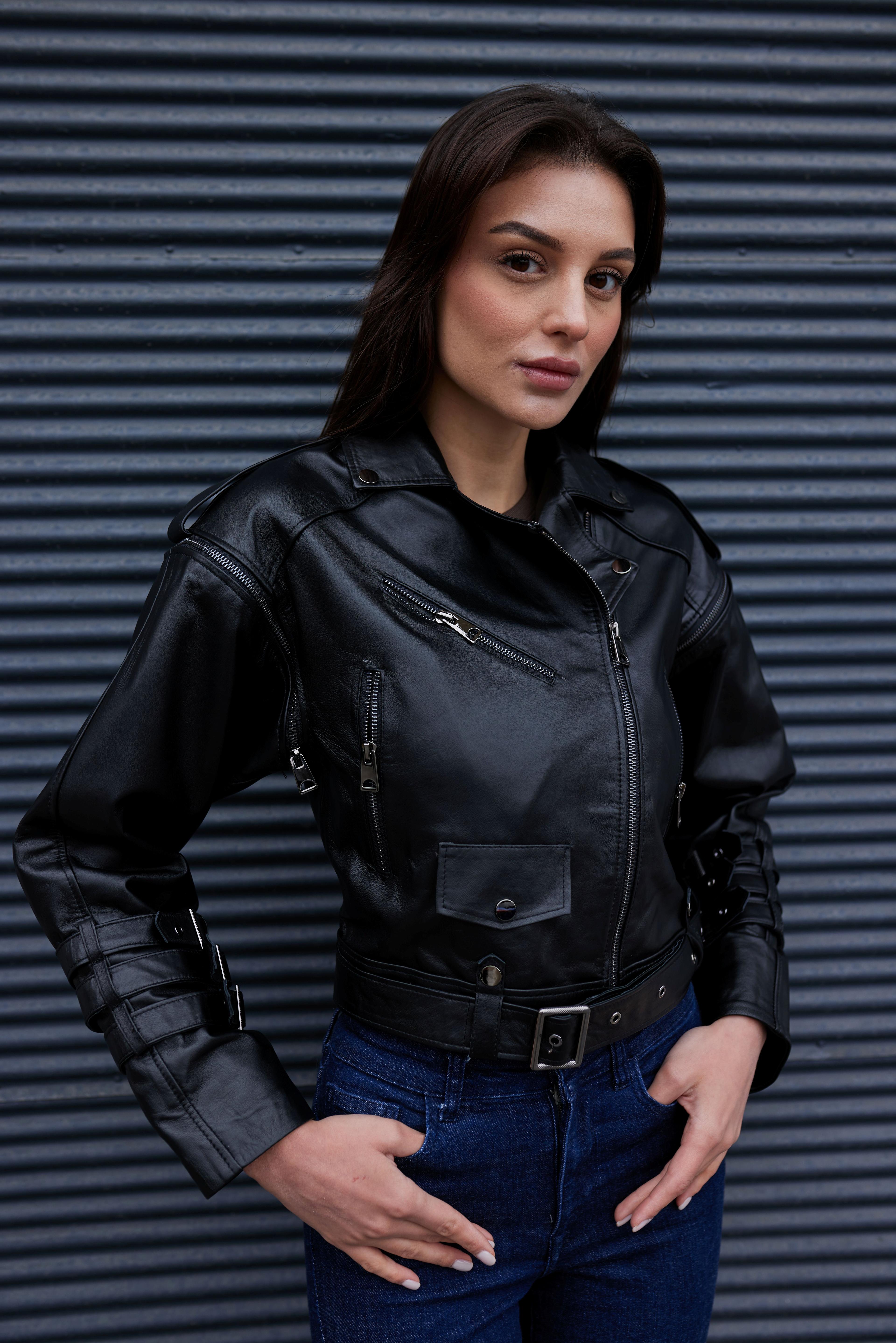 Siyah Deri Biker Deri Ceket - Hakiki Deri
