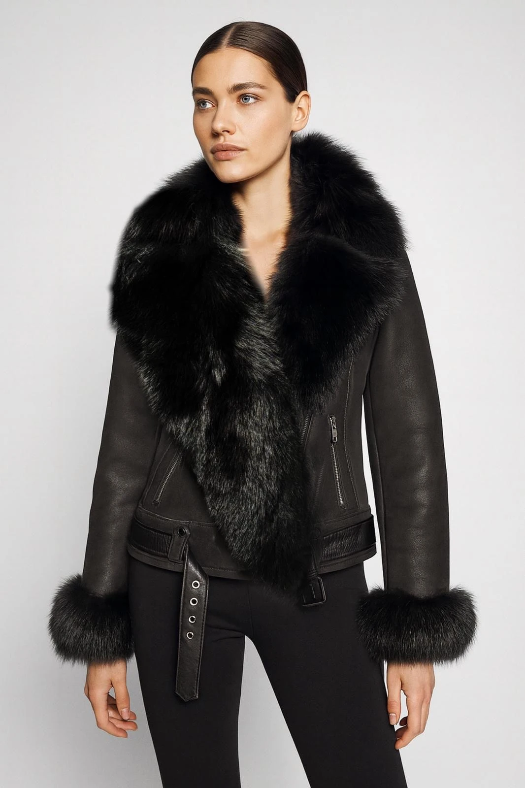 Black Aurora Hakiki Kürk Yaka Deri Ceket