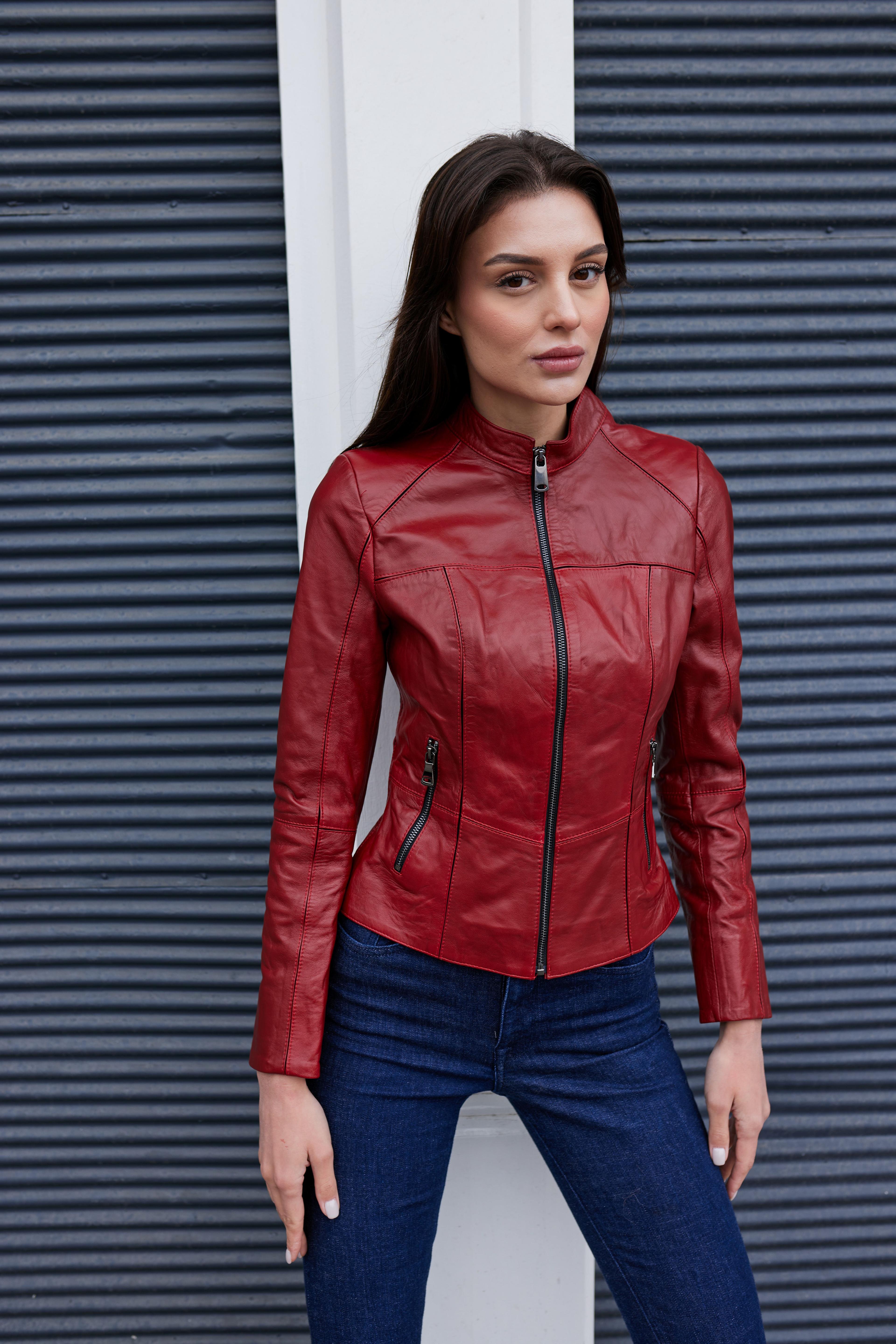 Kırmızı Deri Slim Fit Deri Ceket - Hakiki Deri