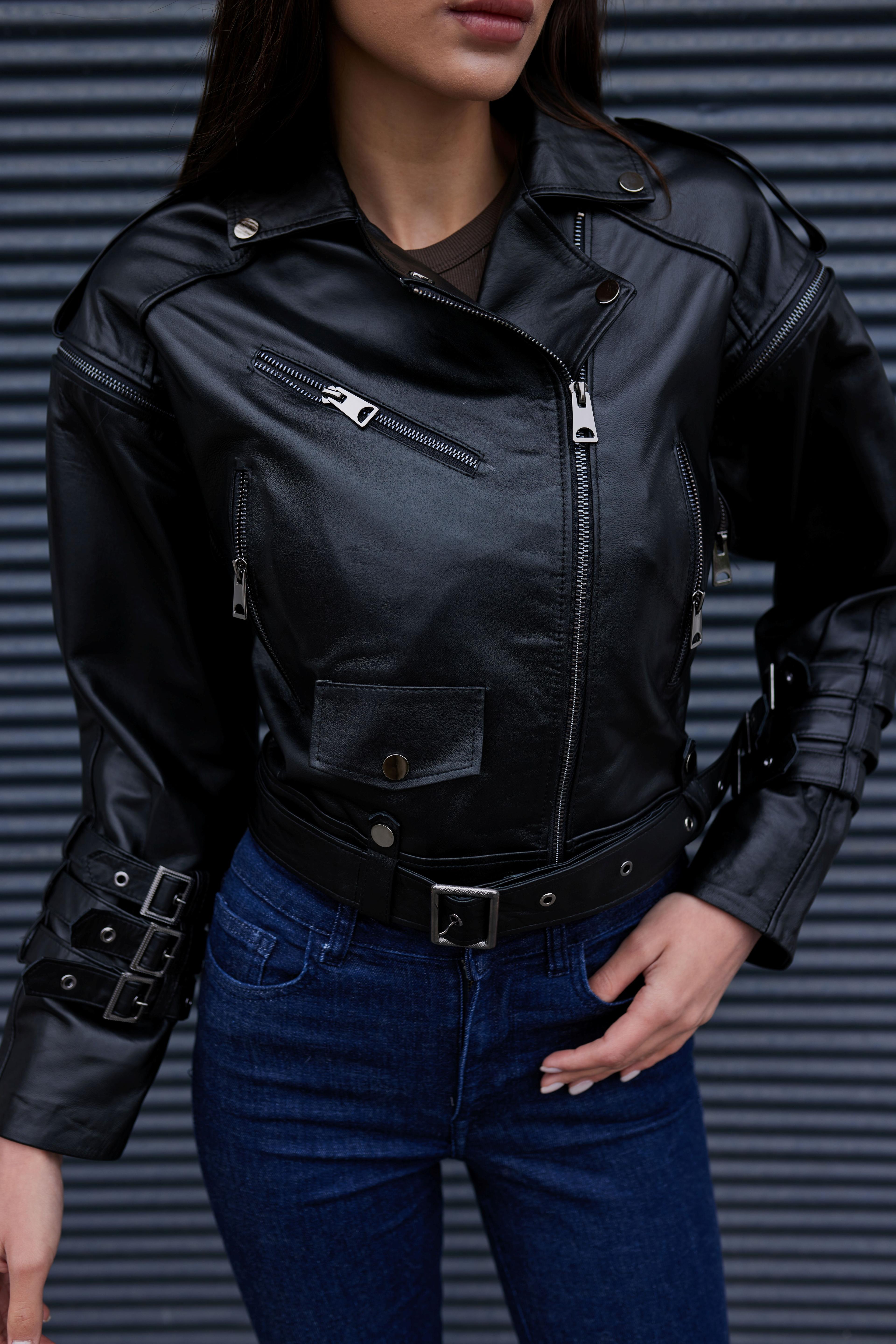 Siyah Deri Biker Deri Ceket - Hakiki Deri