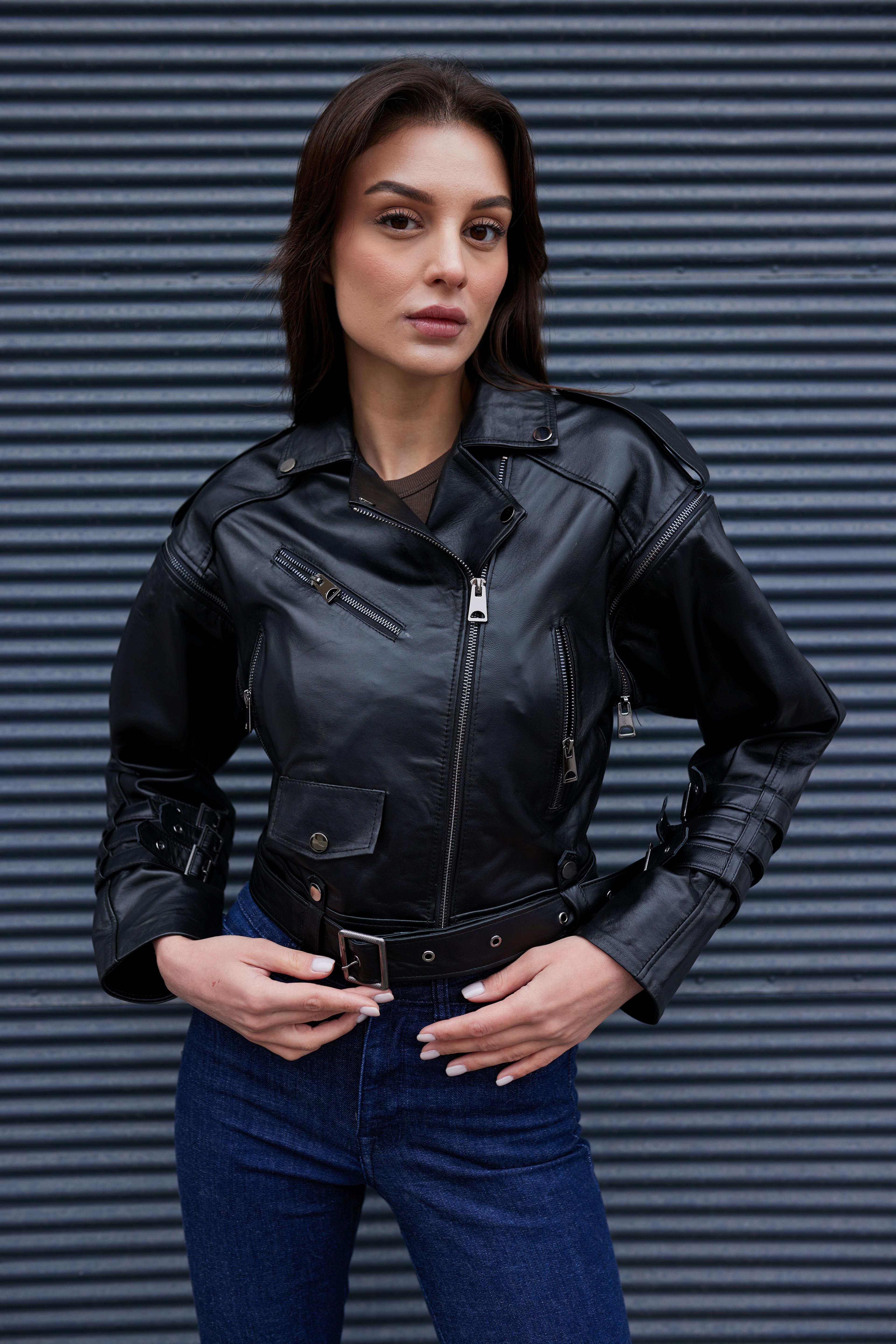 Siyah Deri Biker Deri Ceket - Hakiki Deri