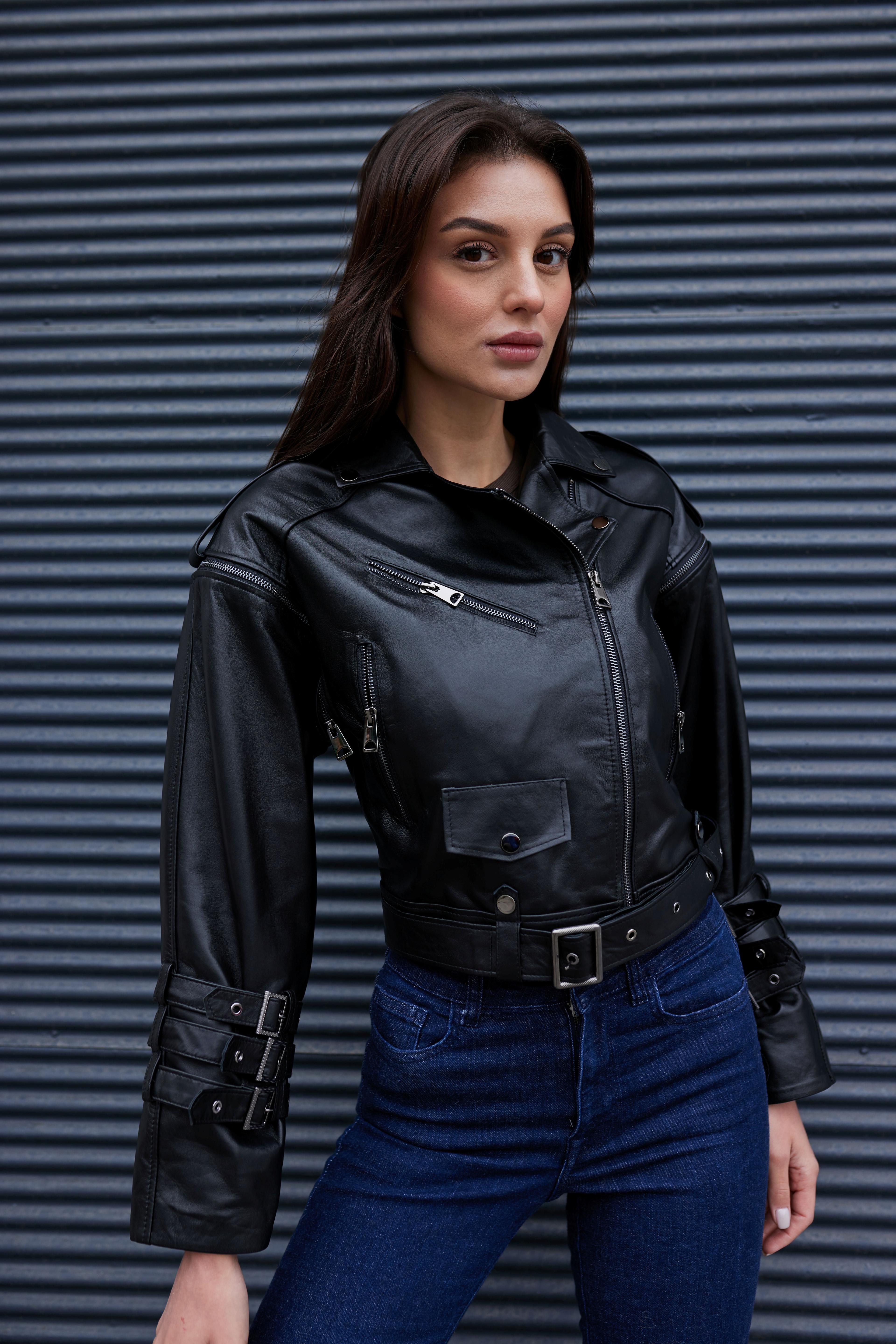 Siyah Deri Biker Deri Ceket - Hakiki Deri