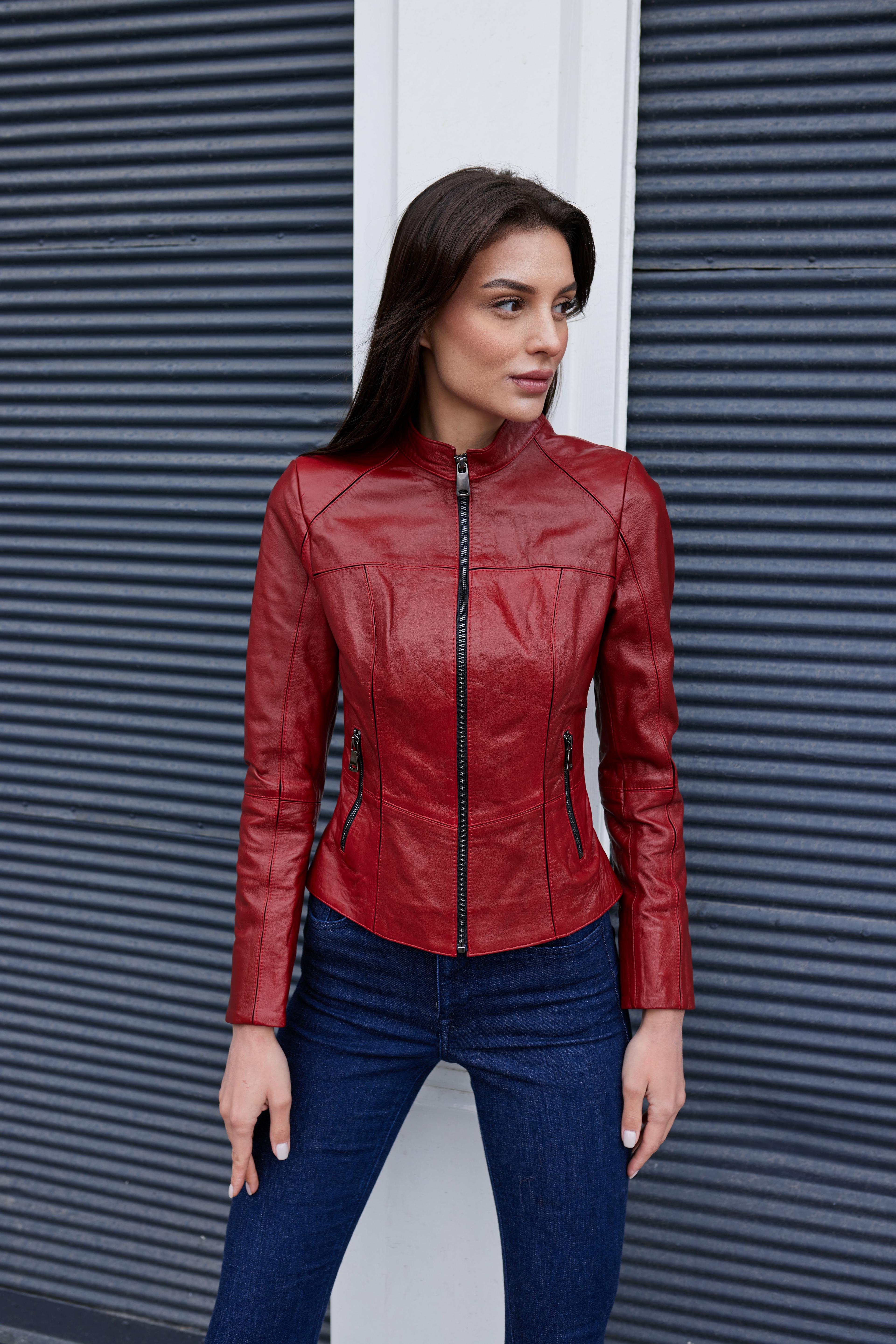 Kırmızı Deri Slim Fit Deri Ceket - Hakiki Deri