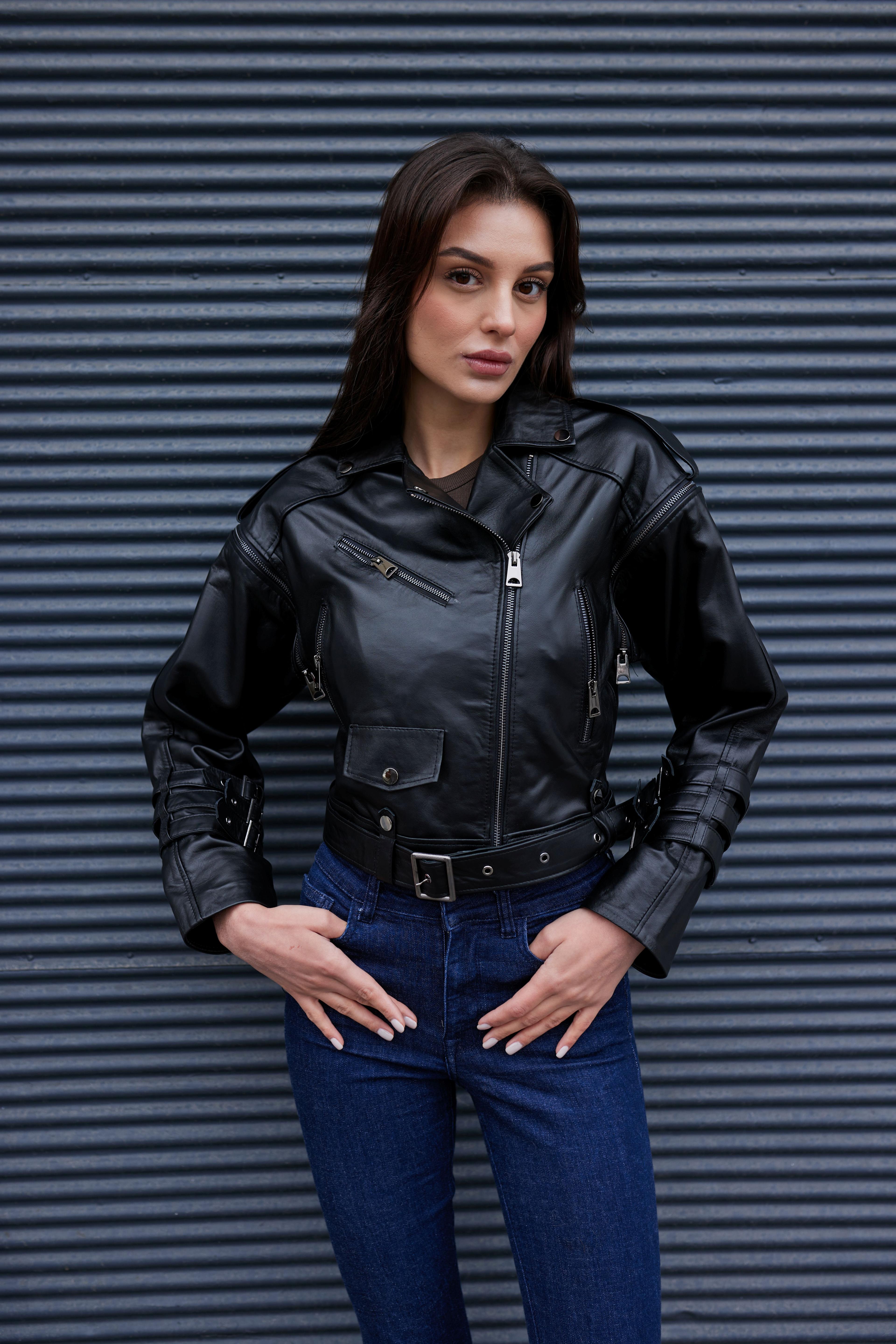Siyah Deri Biker Deri Ceket - Hakiki Deri