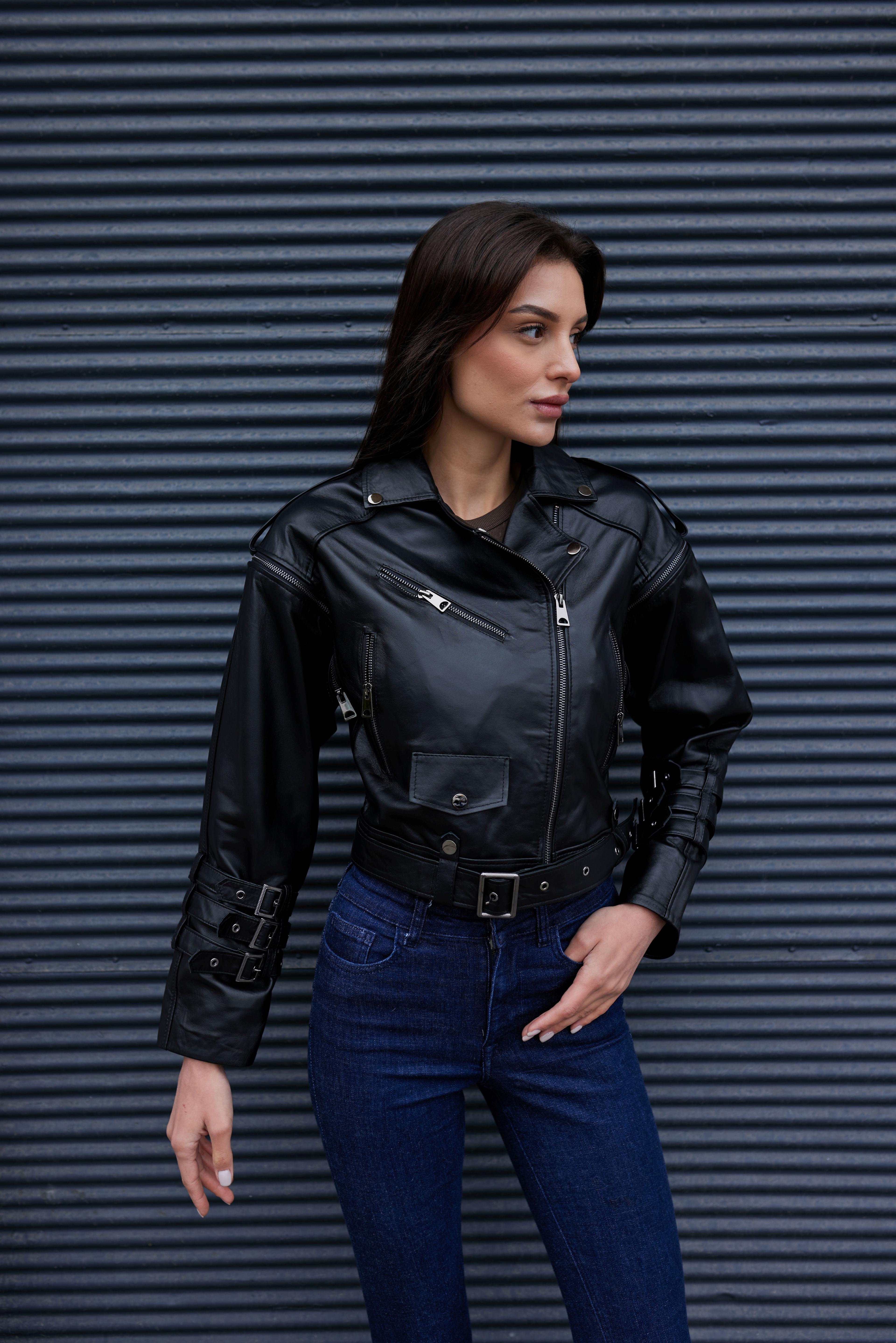 Siyah Deri Biker Deri Ceket - Hakiki Deri